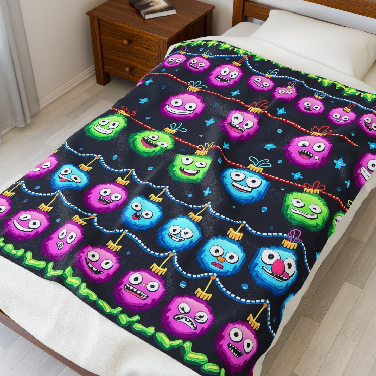 Plush Blanket, Cute Christmas Ornaments Emoji Faces Print Throw, Holiday Home Decor, Soft Cozy Bedding, Gift for Her, Winter Blanket,