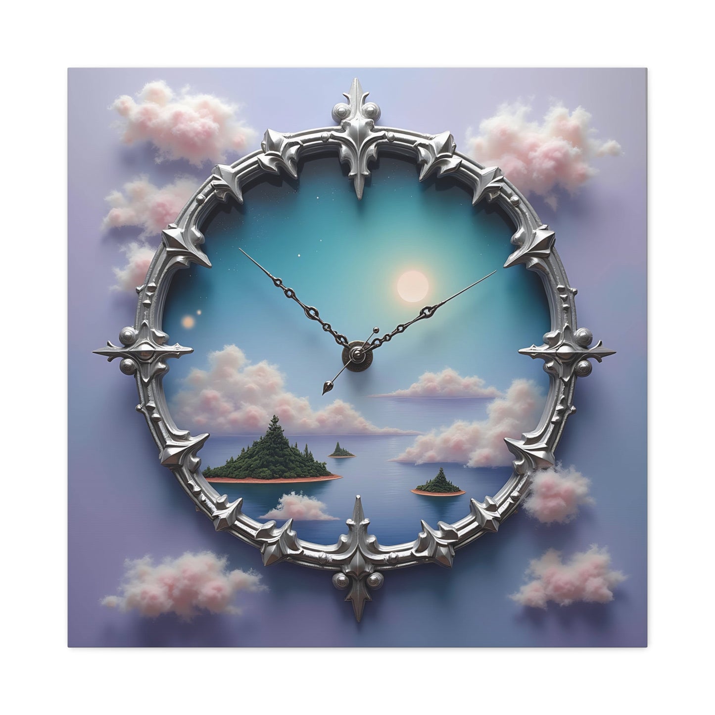 Canvas Print, Surreal Clock with Melting Hands, Floating Islands and Clouds, Ethereal Wall Art, Home Decor, Matte Canvas, Stretched, 1 25",