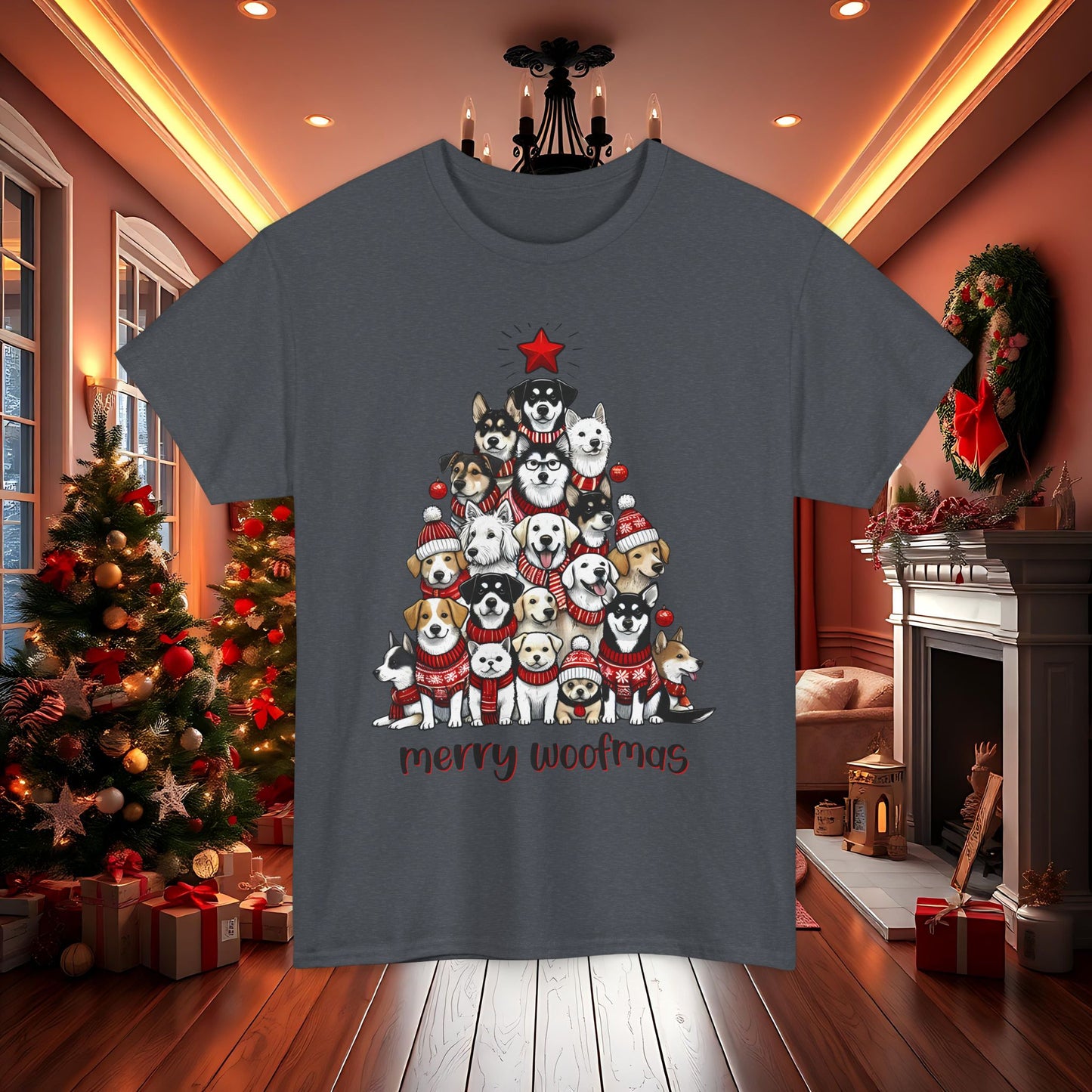 Merry Woofmas Christmas Tree Tee, Heavy Cotton Graphic Shirt for Dog Lovers, Fun Holiday Gift for Pet Owners!