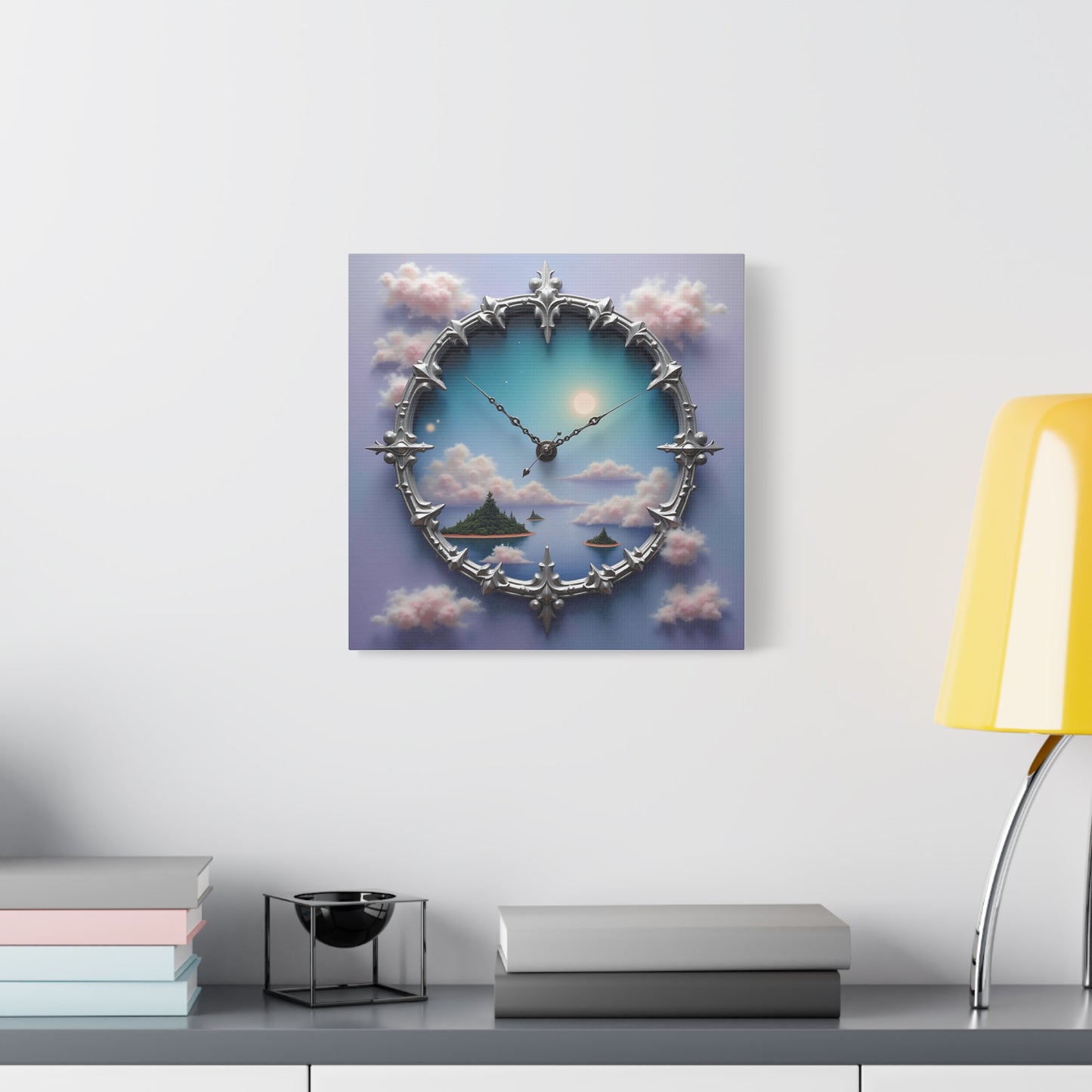 Canvas Print, Surreal Clock with Melting Hands, Floating Islands and Clouds, Ethereal Wall Art, Home Decor, Matte Canvas, Stretched, 1 25",