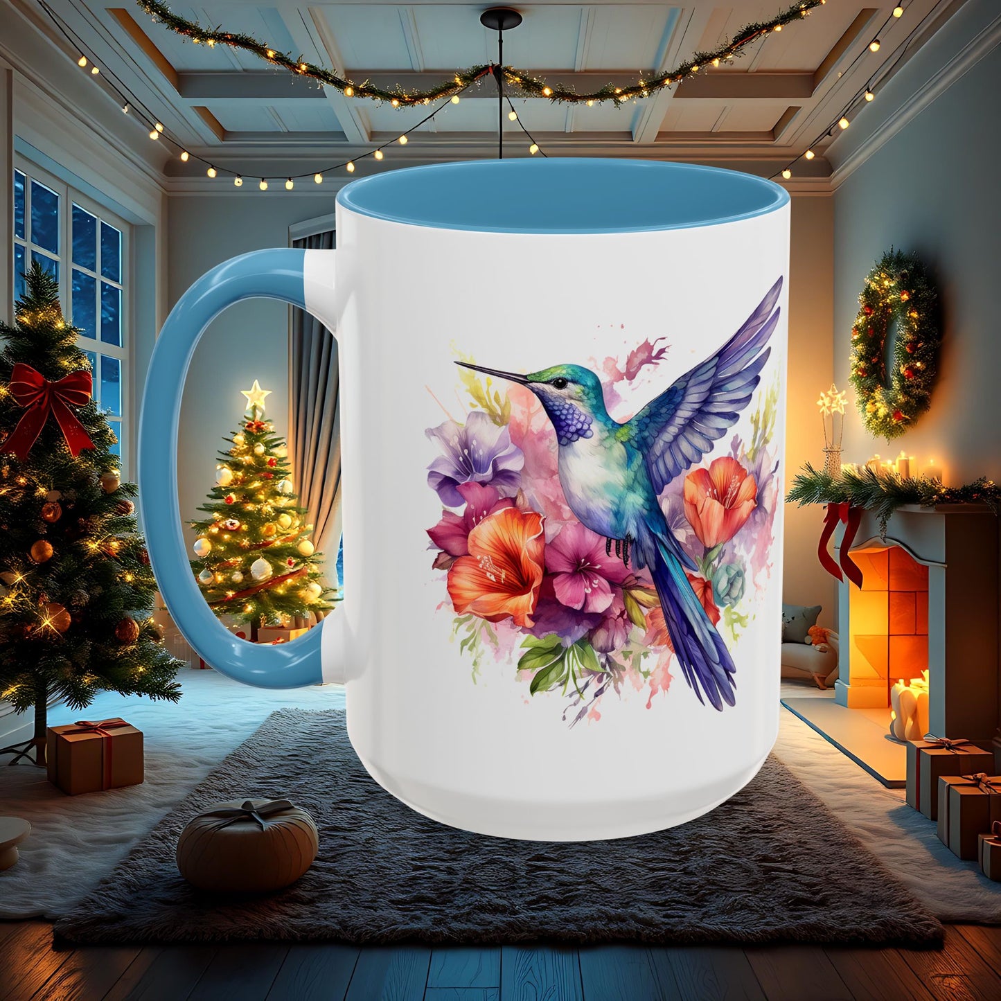 Watercolor Humming Bird Mug, Floral Bird Coffee Cup, Nature Lover Gift, Birdwatcher Mug, Unique Hand Painted Mug, 11oz 15oz Mug