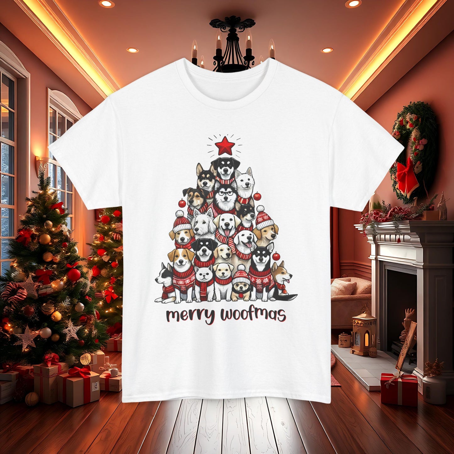 Merry Woofmas Christmas Tree Tee, Heavy Cotton Graphic Shirt for Dog Lovers, Fun Holiday Gift for Pet Owners!