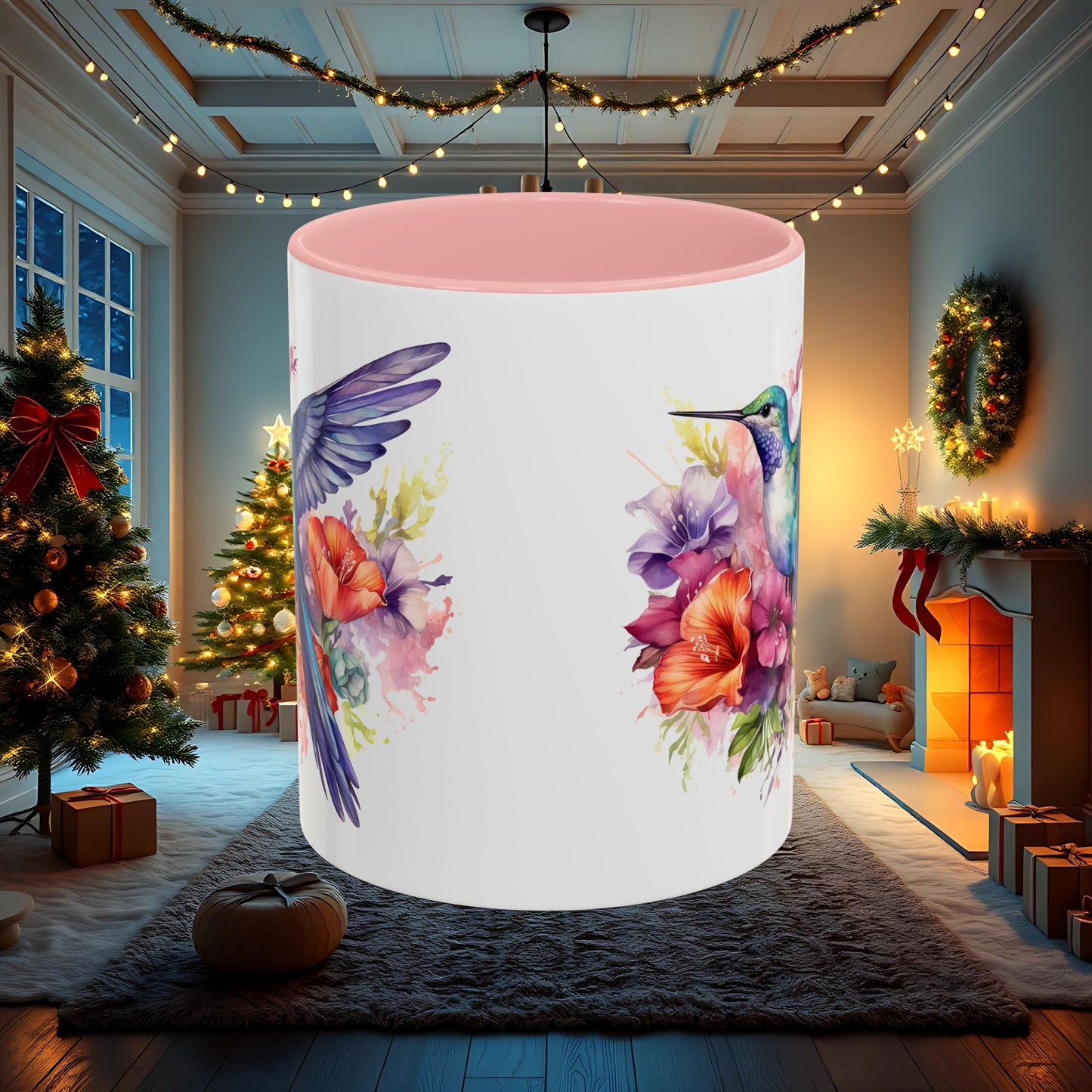 Watercolor Humming Bird Mug, Floral Bird Coffee Cup, Nature Lover Gift, Birdwatcher Mug, Unique Hand Painted Mug, 11oz 15oz Mug