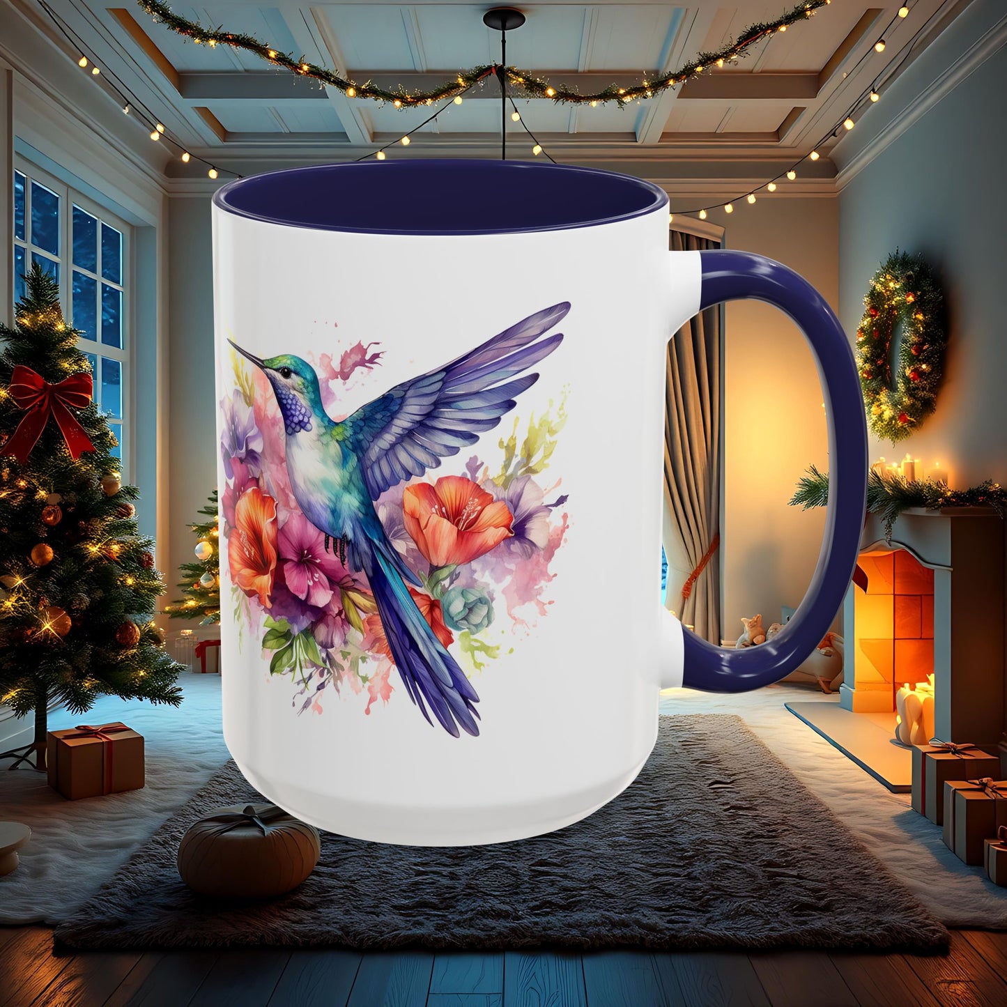 Watercolor Humming Bird Mug, Floral Bird Coffee Cup, Nature Lover Gift, Birdwatcher Mug, Unique Hand Painted Mug, 11oz 15oz Mug