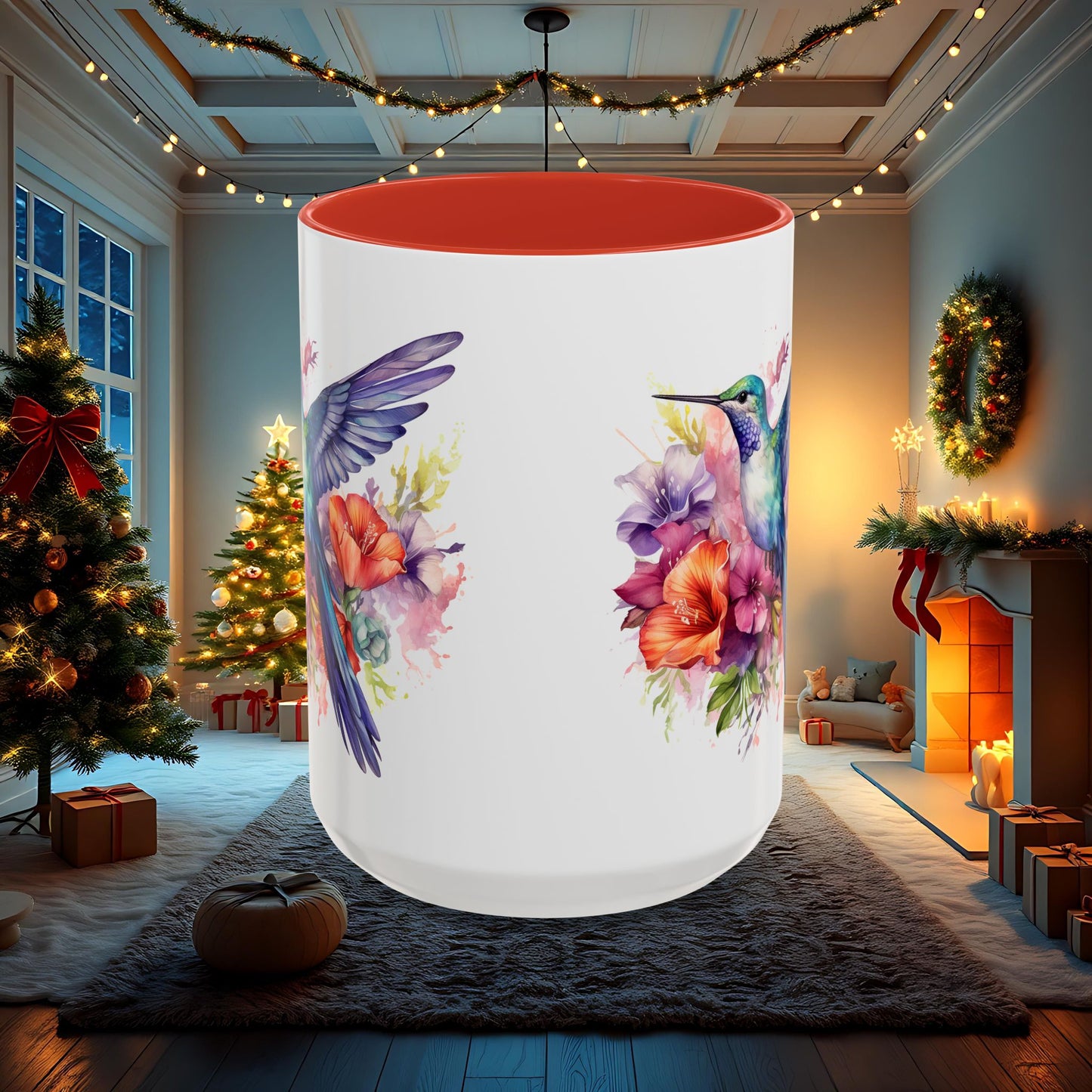Watercolor Humming Bird Mug, Floral Bird Coffee Cup, Nature Lover Gift, Birdwatcher Mug, Unique Hand Painted Mug, 11oz 15oz Mug