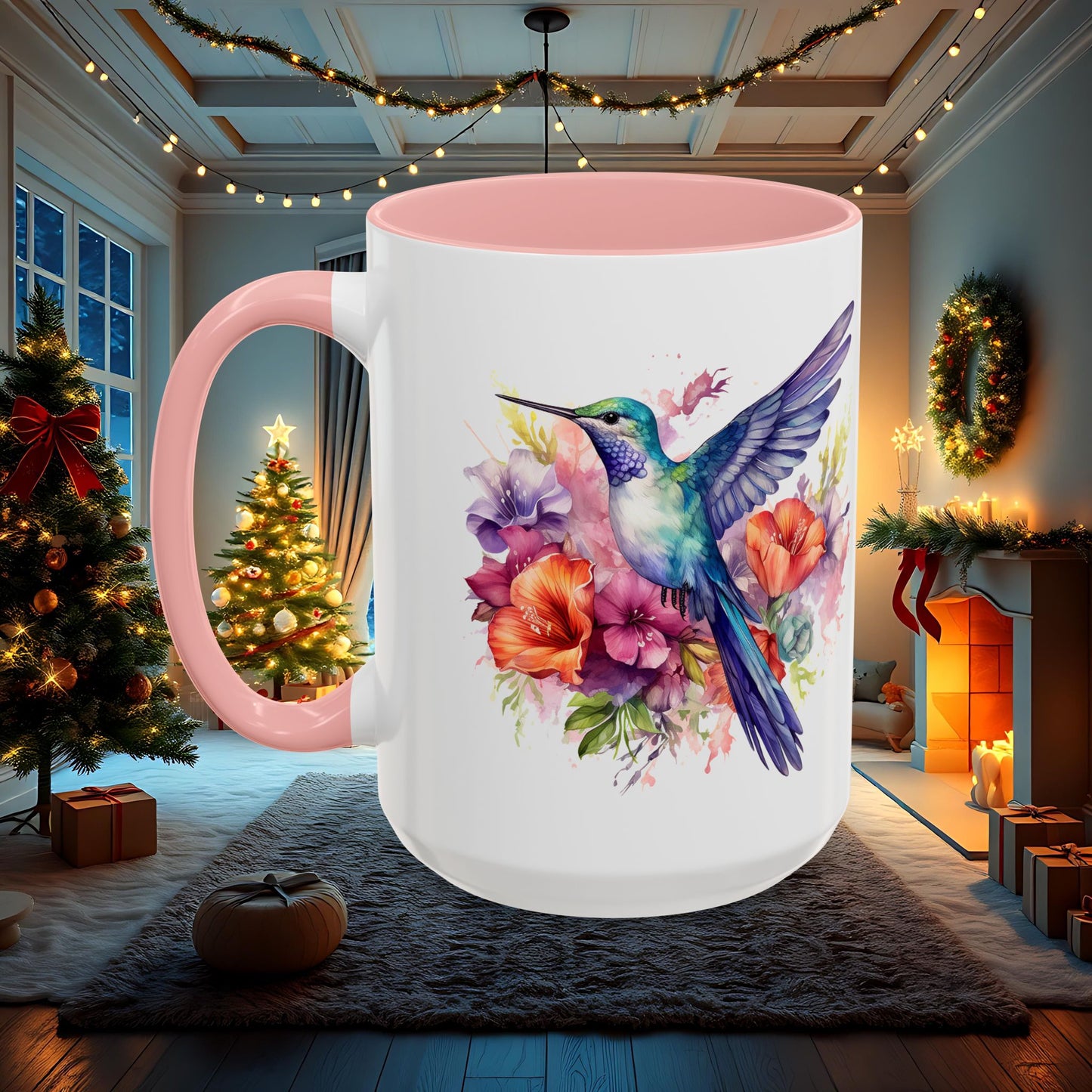 Watercolor Humming Bird Mug, Floral Bird Coffee Cup, Nature Lover Gift, Birdwatcher Mug, Unique Hand Painted Mug, 11oz 15oz Mug