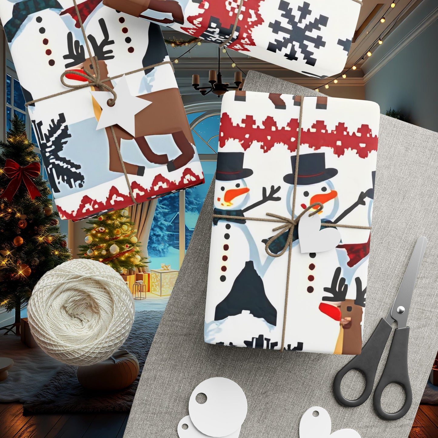 Holiday Wrapping Paper, Festive Pixel Art with Reindeer, Snowmen & Trees, Perfect for Christmas Gift Wrap