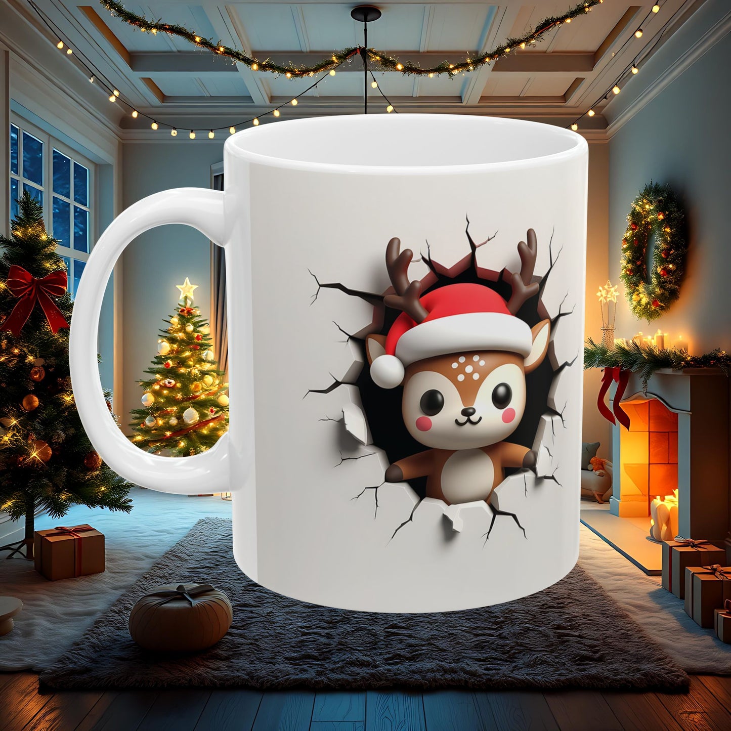Reindeer Wall Break Ceramic Mug, Christmas Coffee Cup, Holiday Tea Mug, Festive Hot Cocoa Cup, 3D Double Sided Mug
