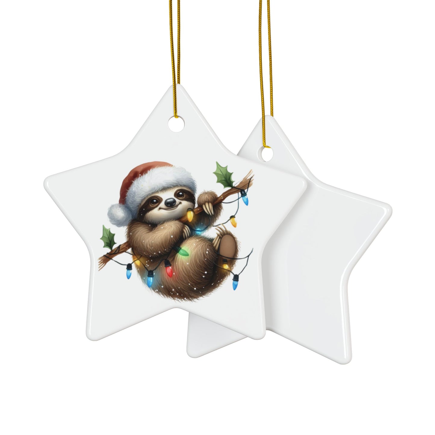 Festive Sloth Hanging with Christmas Lights - Unique Ceramic Ornaments (Choose Your Set)