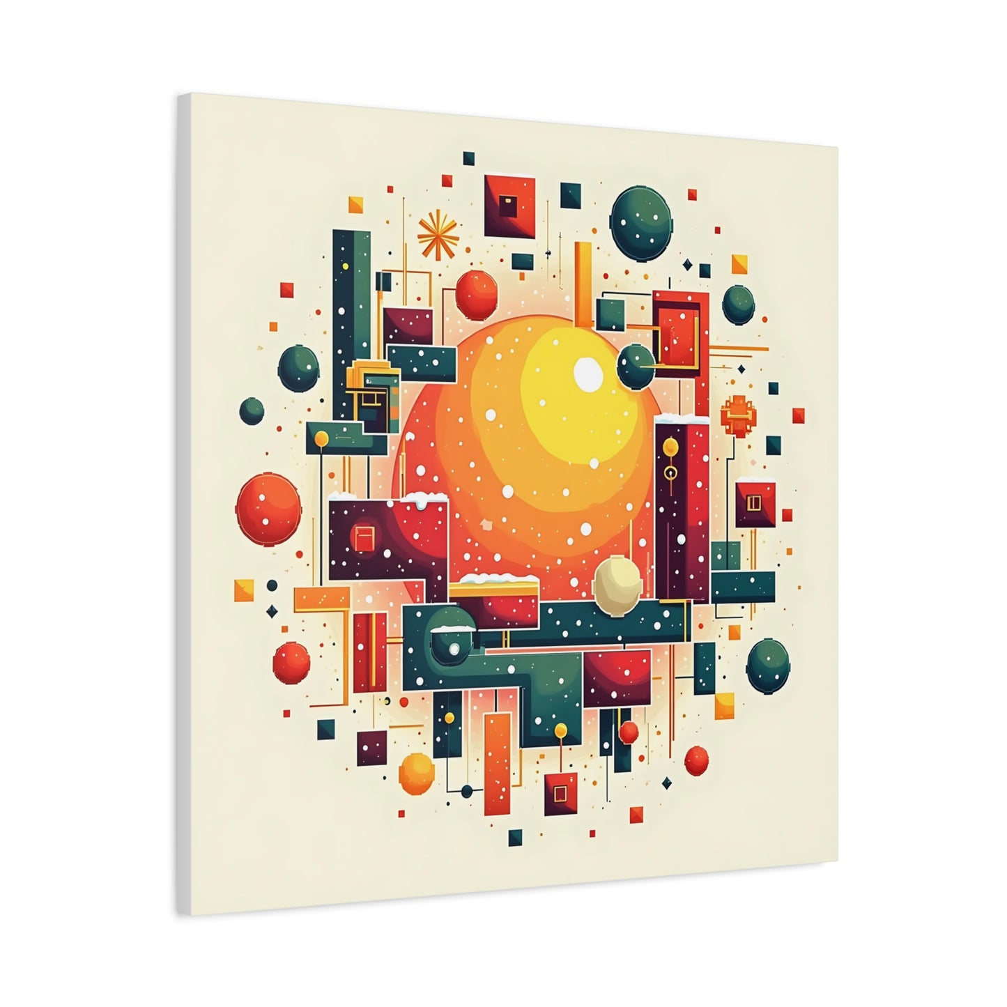 Canvas Print, Pixel Storm Winter Magic Wall Art, Crimson Yellow Green Geometric Snowstorm, Home Decor, Holiday Gift, Office Decoration,