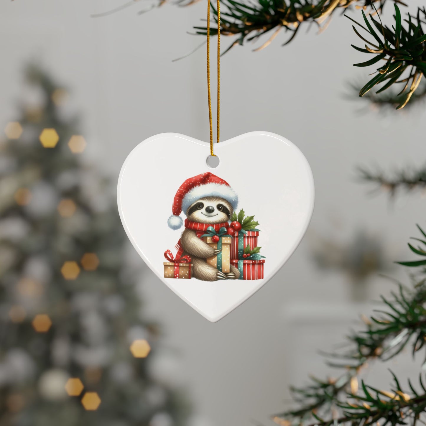 Festive Sloth with Holiday Presents - Unique Ceramic Ornaments (Choose Your Set)