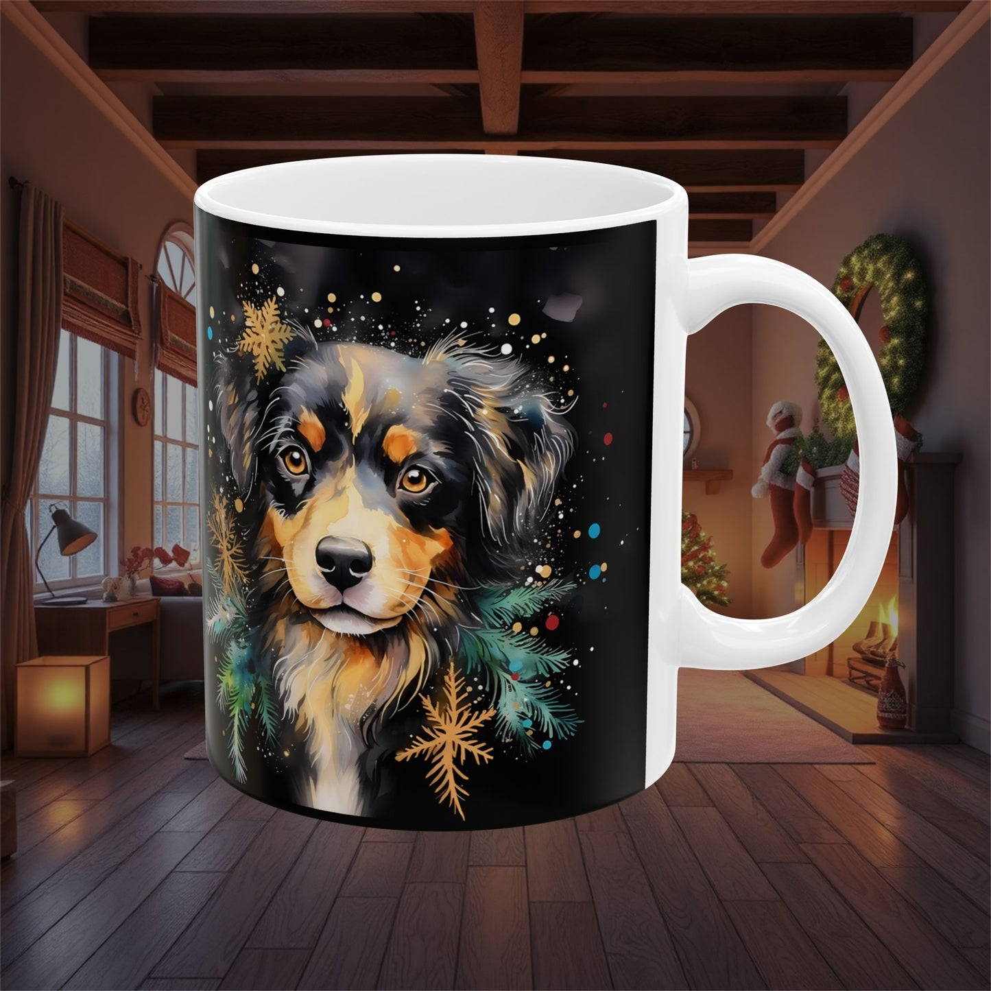 Christmas Holiday Dog Ceramic Mug, (11oz, 15oz), Festive Christmas Coffee Cup, Holiday Decor Gift, Pet Lover Stocking Stuffer, Seasonal