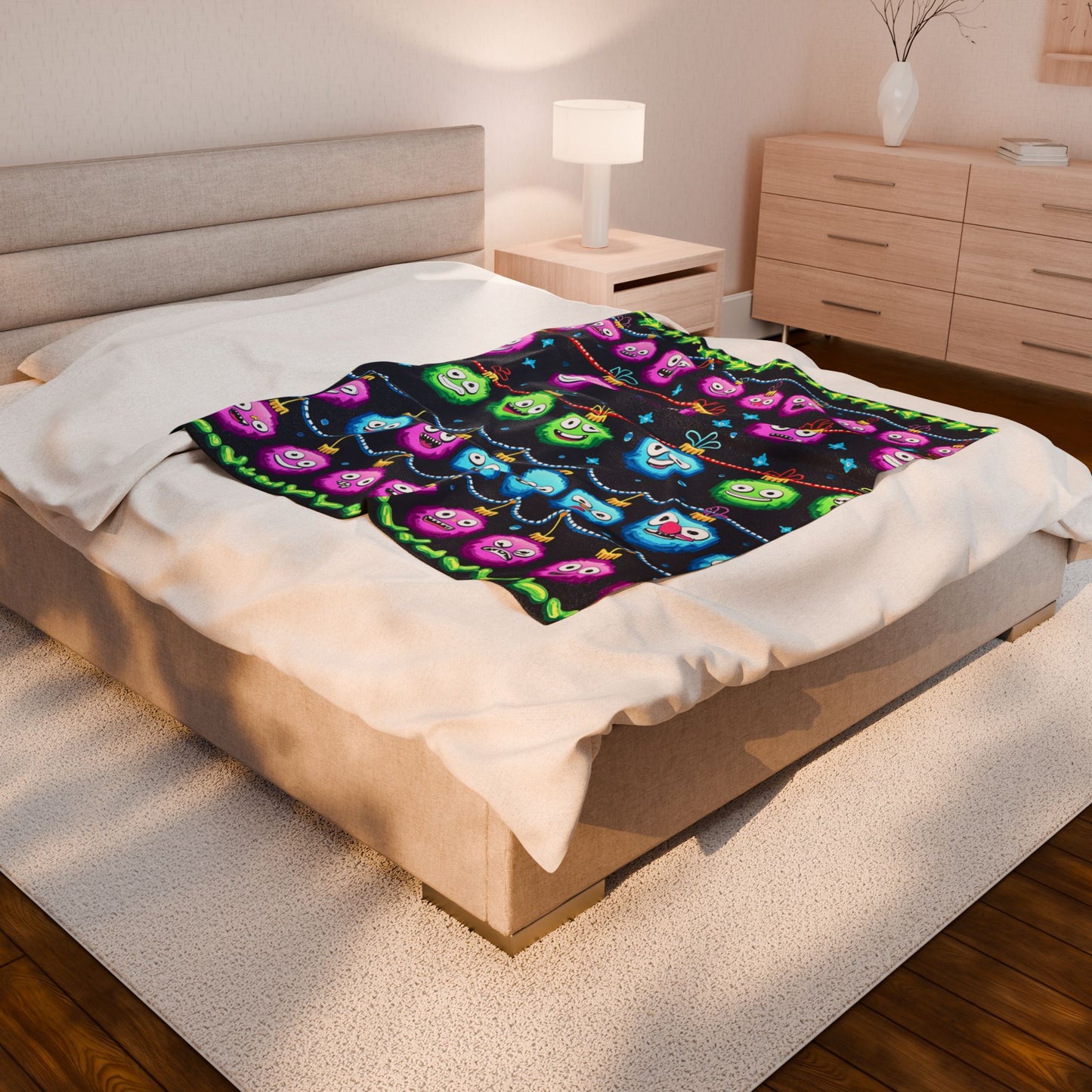 Plush Blanket, Cute Christmas Ornaments Emoji Faces Print Throw, Holiday Home Decor, Soft Cozy Bedding, Gift for Her, Winter Blanket,