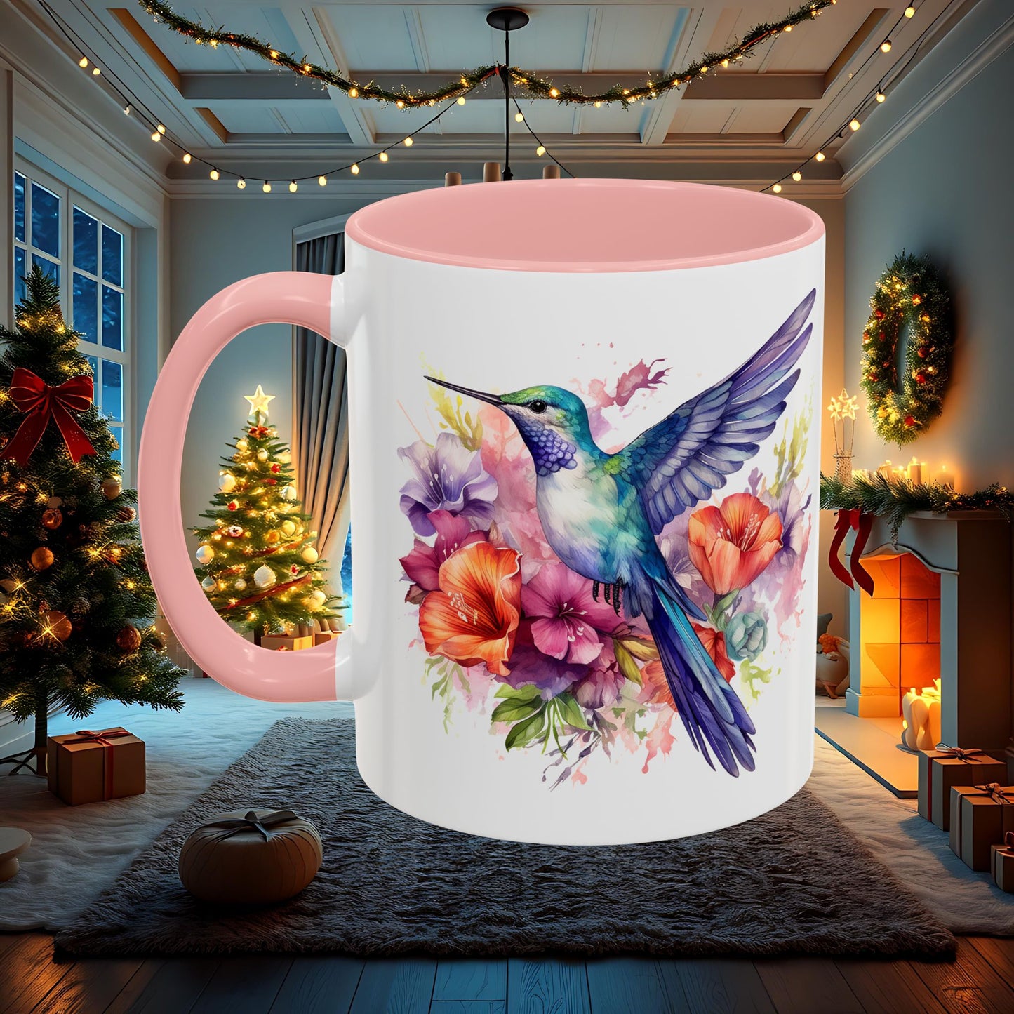 Watercolor Humming Bird Mug, Floral Bird Coffee Cup, Nature Lover Gift, Birdwatcher Mug, Unique Hand Painted Mug, 11oz 15oz Mug