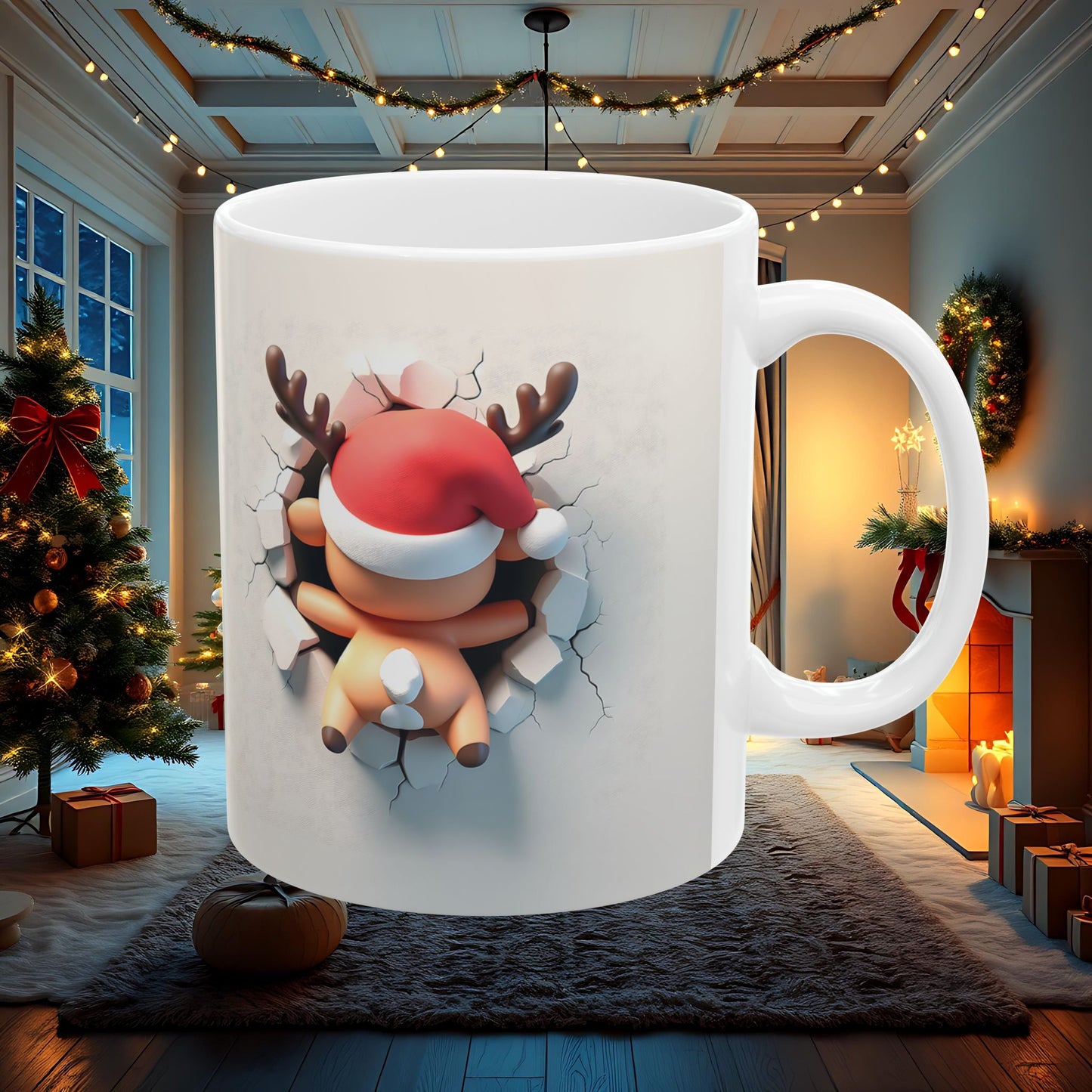 Reindeer Wall Break Ceramic Mug, Christmas Coffee Cup, Holiday Tea Mug, Festive Hot Cocoa Cup, 3D Double Sided Mug