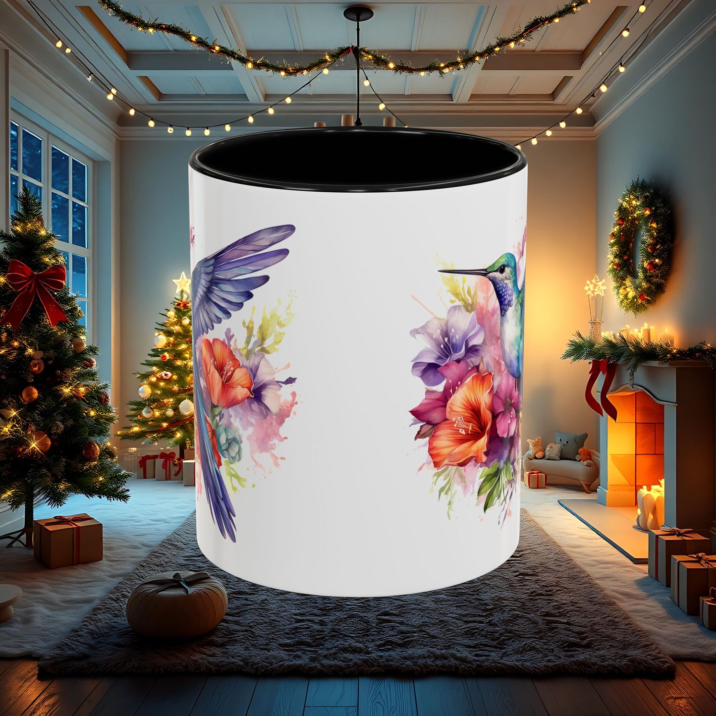 Watercolor Humming Bird Mug, Floral Bird Coffee Cup, Nature Lover Gift, Birdwatcher Mug, Unique Hand Painted Mug, 11oz 15oz Mug