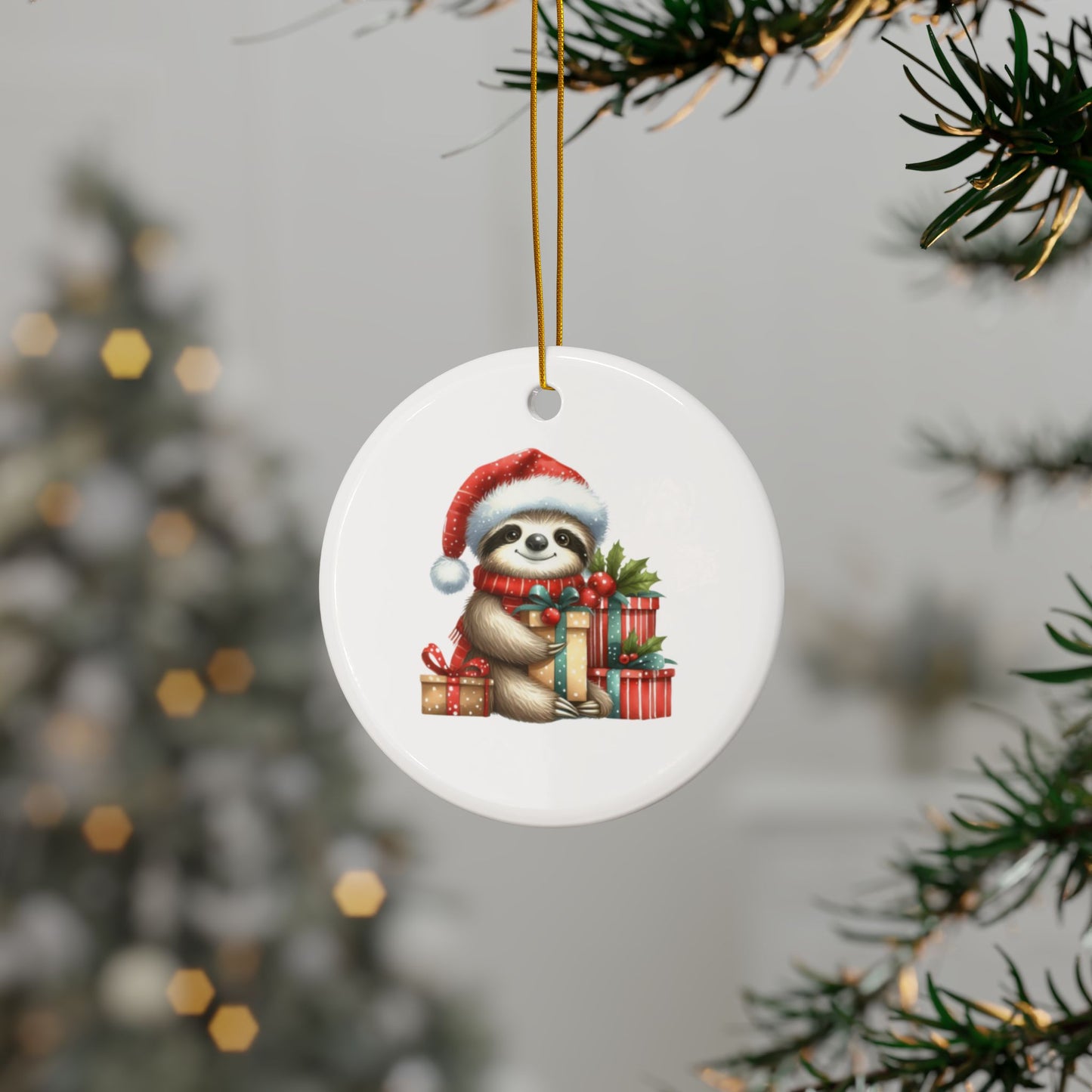 Festive Sloth with Holiday Presents - Unique Ceramic Ornaments (Choose Your Set)