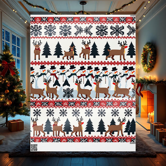 Holiday Wrapping Paper, Festive Pixel Art with Reindeer, Snowmen & Trees, Perfect for Christmas Gift Wrap