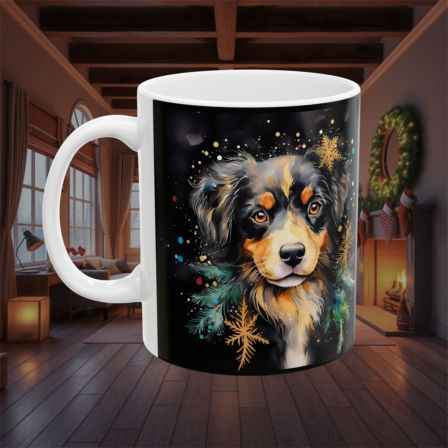 Christmas Holiday Dog Ceramic Mug, (11oz, 15oz), Festive Christmas Coffee Cup, Holiday Decor Gift, Pet Lover Stocking Stuffer, Seasonal
