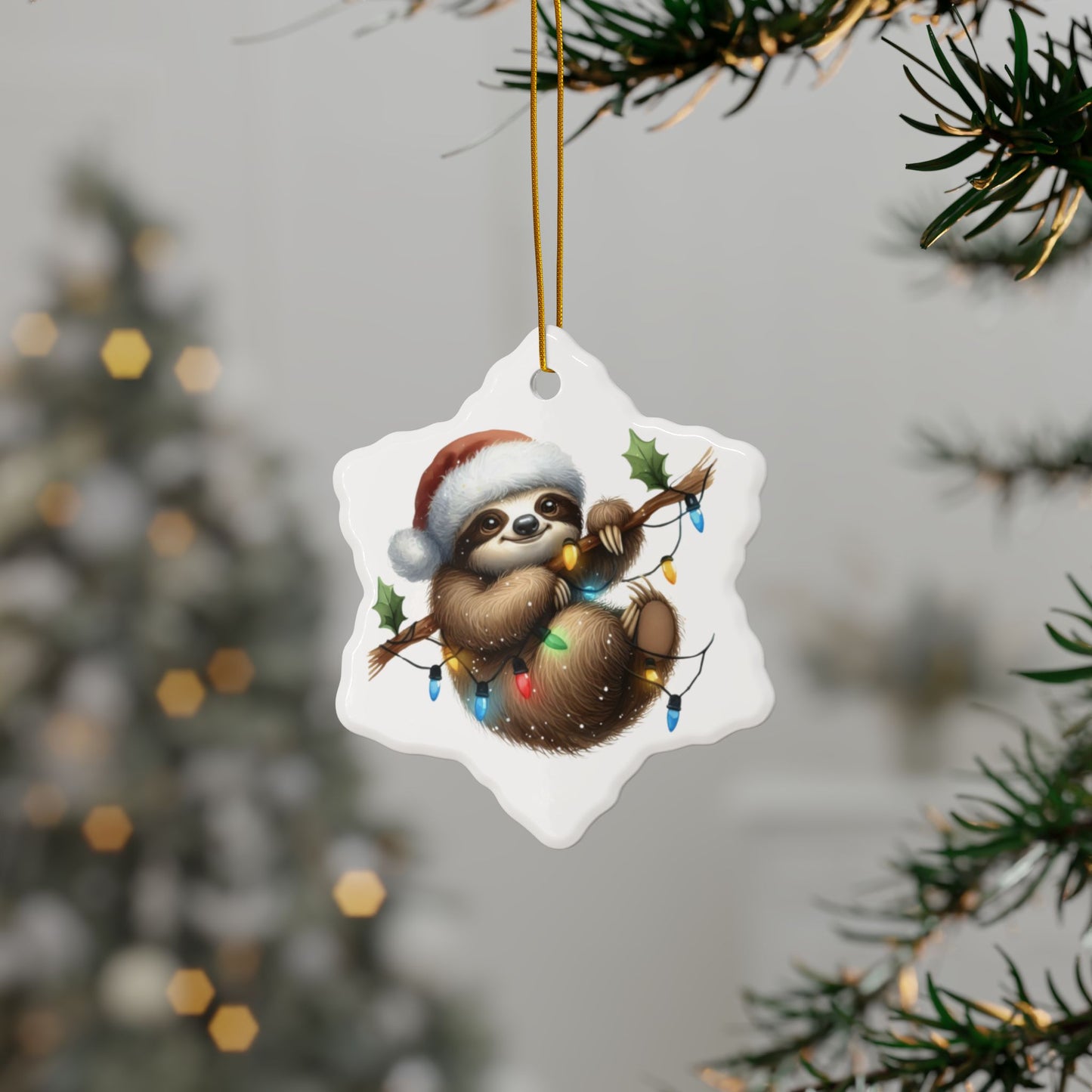 Festive Sloth Hanging with Christmas Lights - Unique Ceramic Ornaments (Choose Your Set)
