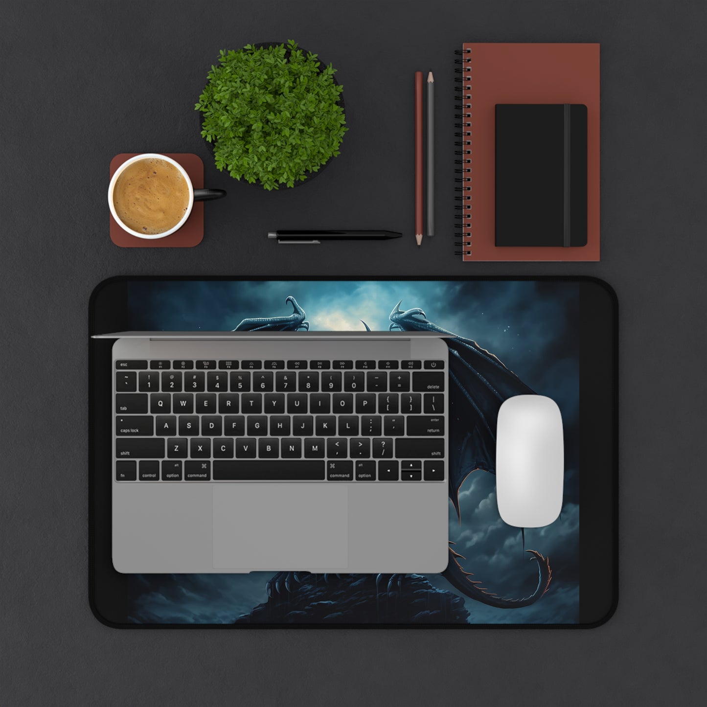Gothic Dragon Desk Mat, Moonlight Mountain Gaming Mouse Pad, Cloudy Sky Keyboard Mat, Goth Office Decor, Dragon Lover Gift, Fantasy Desk