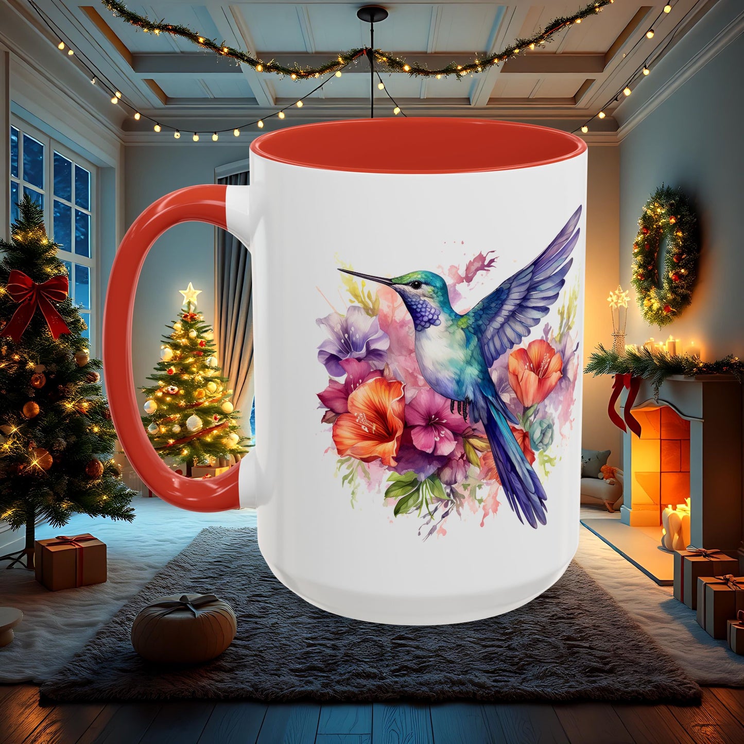 Watercolor Humming Bird Mug, Floral Bird Coffee Cup, Nature Lover Gift, Birdwatcher Mug, Unique Hand Painted Mug, 11oz 15oz Mug