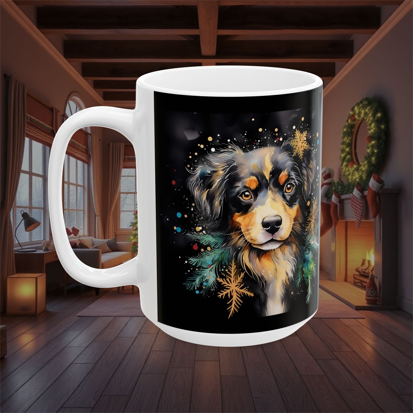 Christmas Holiday Dog Ceramic Mug, (11oz, 15oz), Festive Christmas Coffee Cup, Holiday Decor Gift, Pet Lover Stocking Stuffer, Seasonal