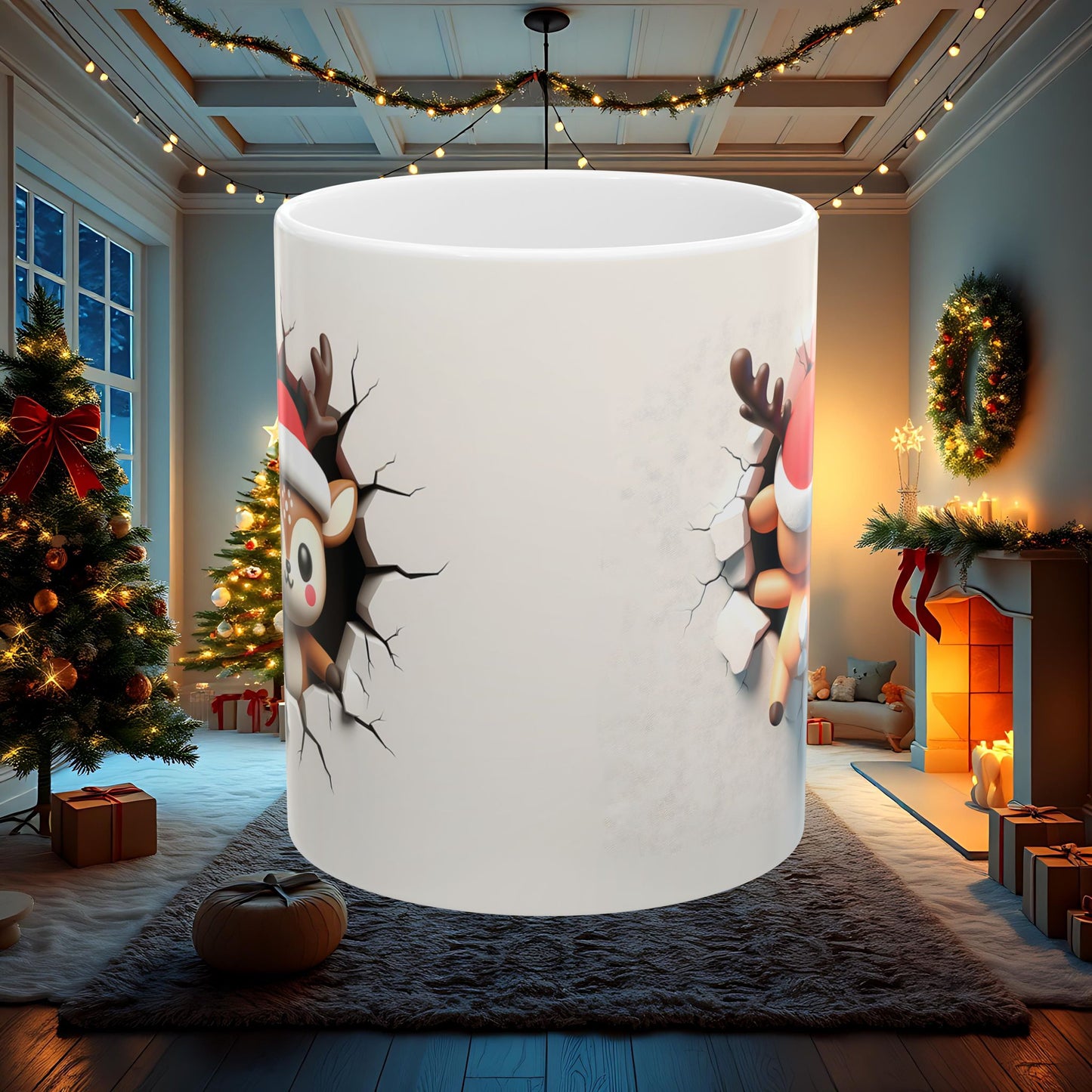 Reindeer Wall Break Ceramic Mug, Christmas Coffee Cup, Holiday Tea Mug, Festive Hot Cocoa Cup, 3D Double Sided Mug