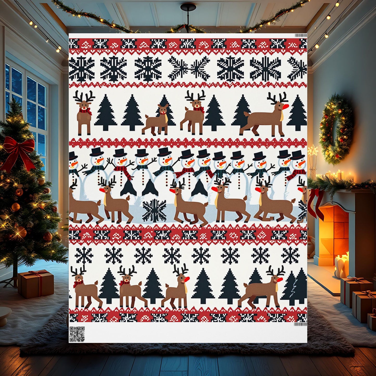Holiday Wrapping Paper, Festive Pixel Art with Reindeer, Snowmen & Trees, Perfect for Christmas Gift Wrap