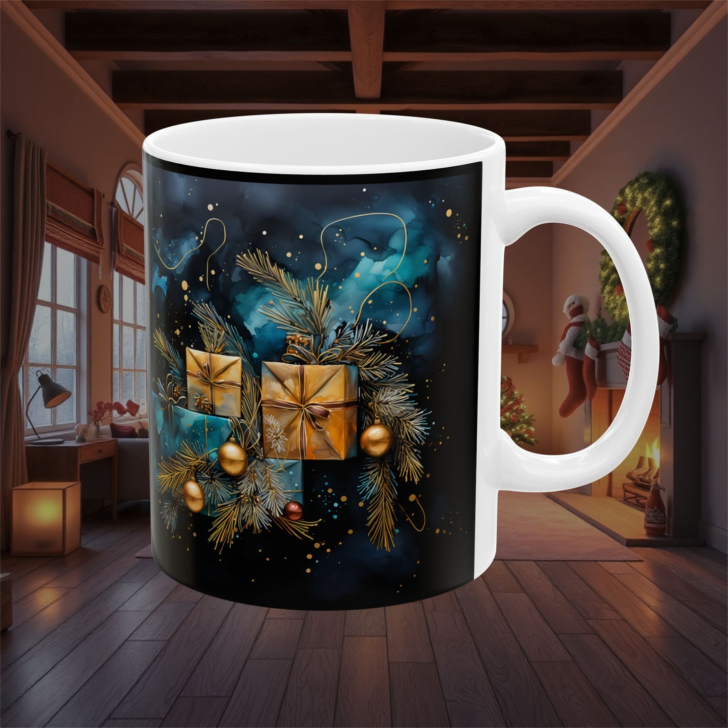 Christmas Holiday Presents Ceramic Mug, Festive Coffee Cup Gift, Seasonal Tea Mug, Xmas Hot Cocoa Mug, Santa Claus Cup