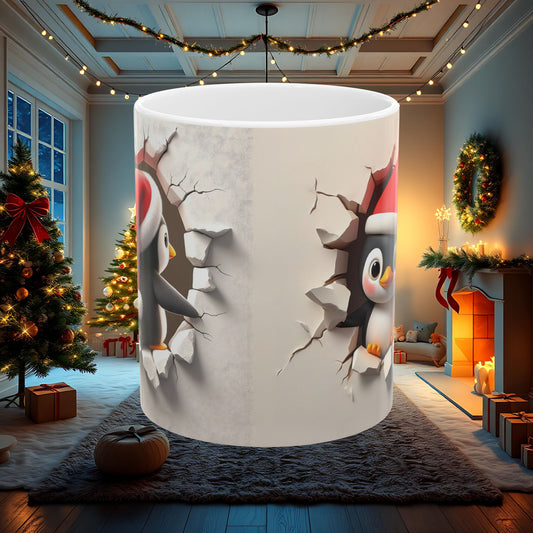 Penguin Wall Break Ceramic Mug, 3D Double Sided Christmas Coffee Cup - Cute Animal Tea Cup, Holiday Gift for Penguin Lovers, Novelty Kitchen