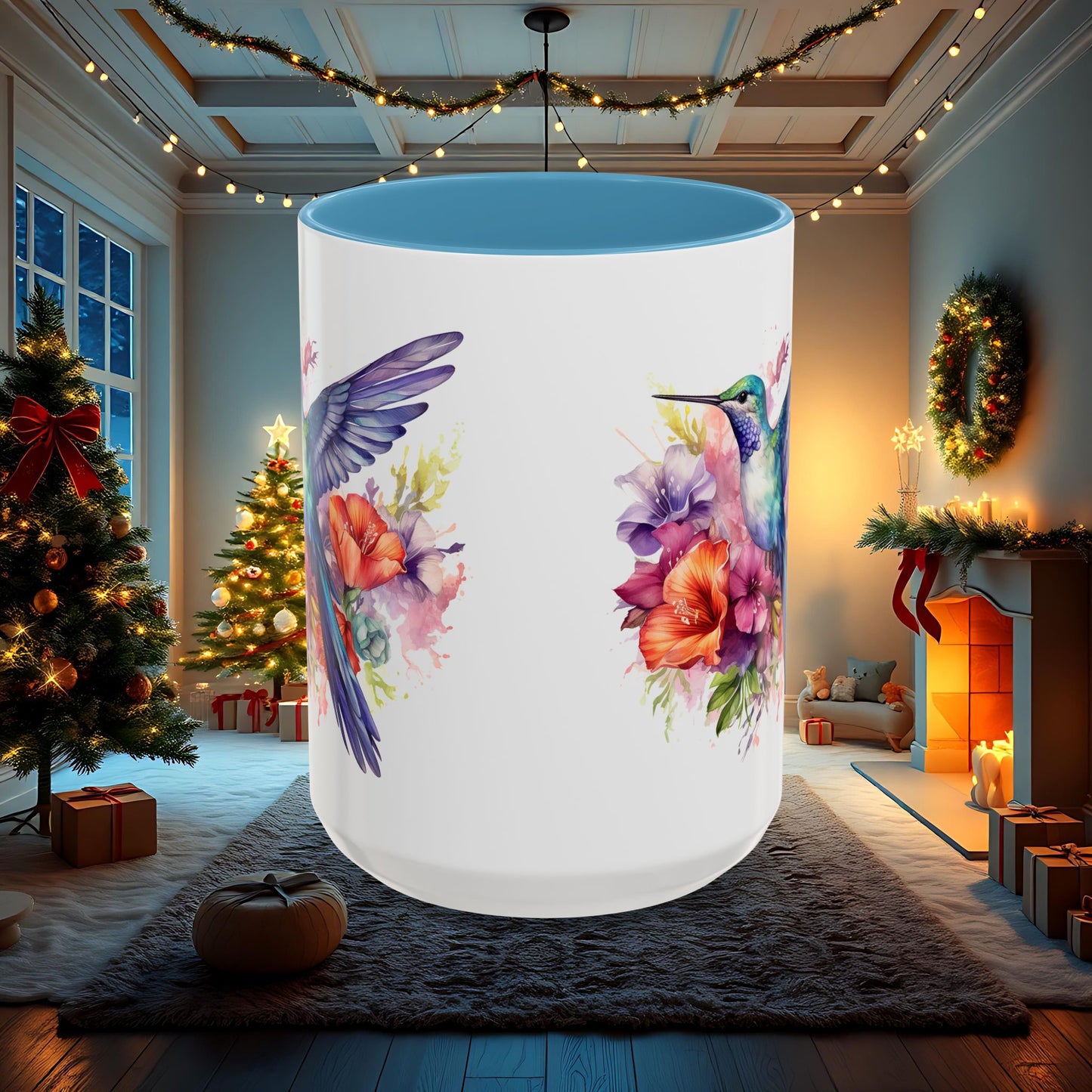 Watercolor Humming Bird Mug, Floral Bird Coffee Cup, Nature Lover Gift, Birdwatcher Mug, Unique Hand Painted Mug, 11oz 15oz Mug