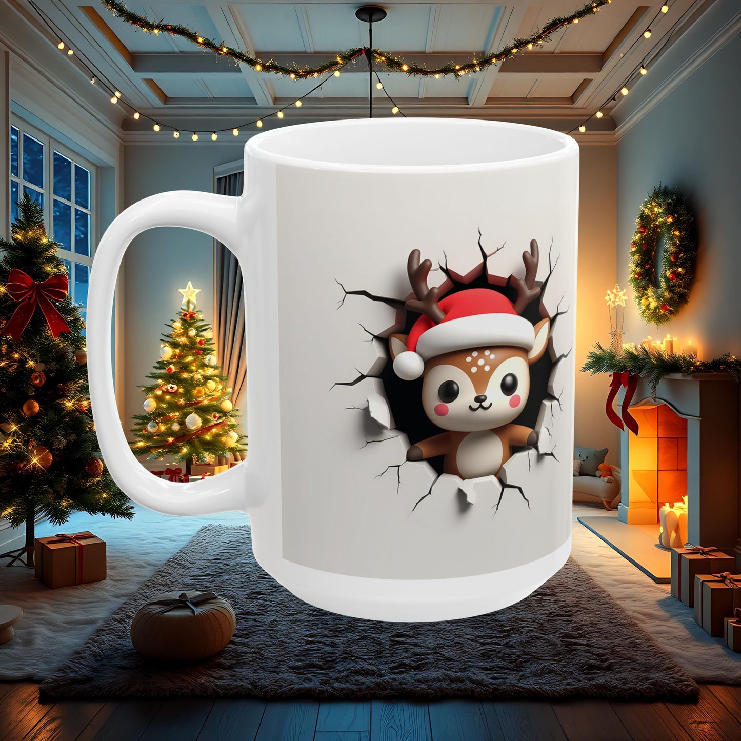 Reindeer Wall Break Ceramic Mug, Christmas Coffee Cup, Holiday Tea Mug, Festive Hot Cocoa Cup, 3D Double Sided Mug