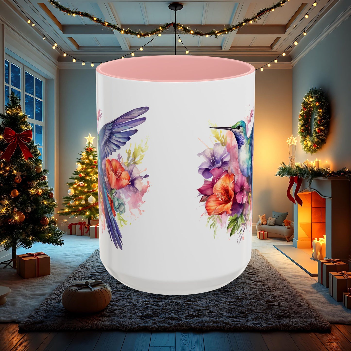 Watercolor Humming Bird Mug, Floral Bird Coffee Cup, Nature Lover Gift, Birdwatcher Mug, Unique Hand Painted Mug, 11oz 15oz Mug