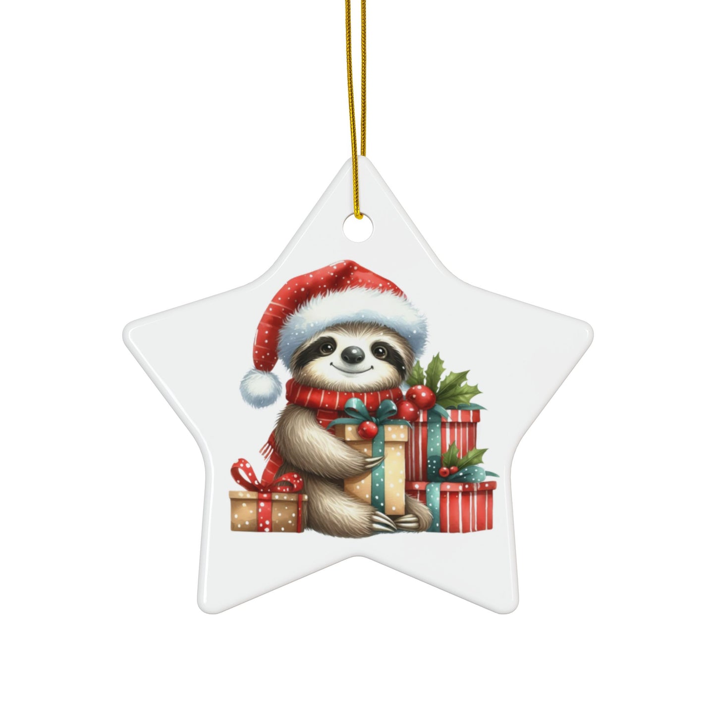 Festive Sloth with Holiday Presents - Unique Ceramic Ornaments (Choose Your Set)