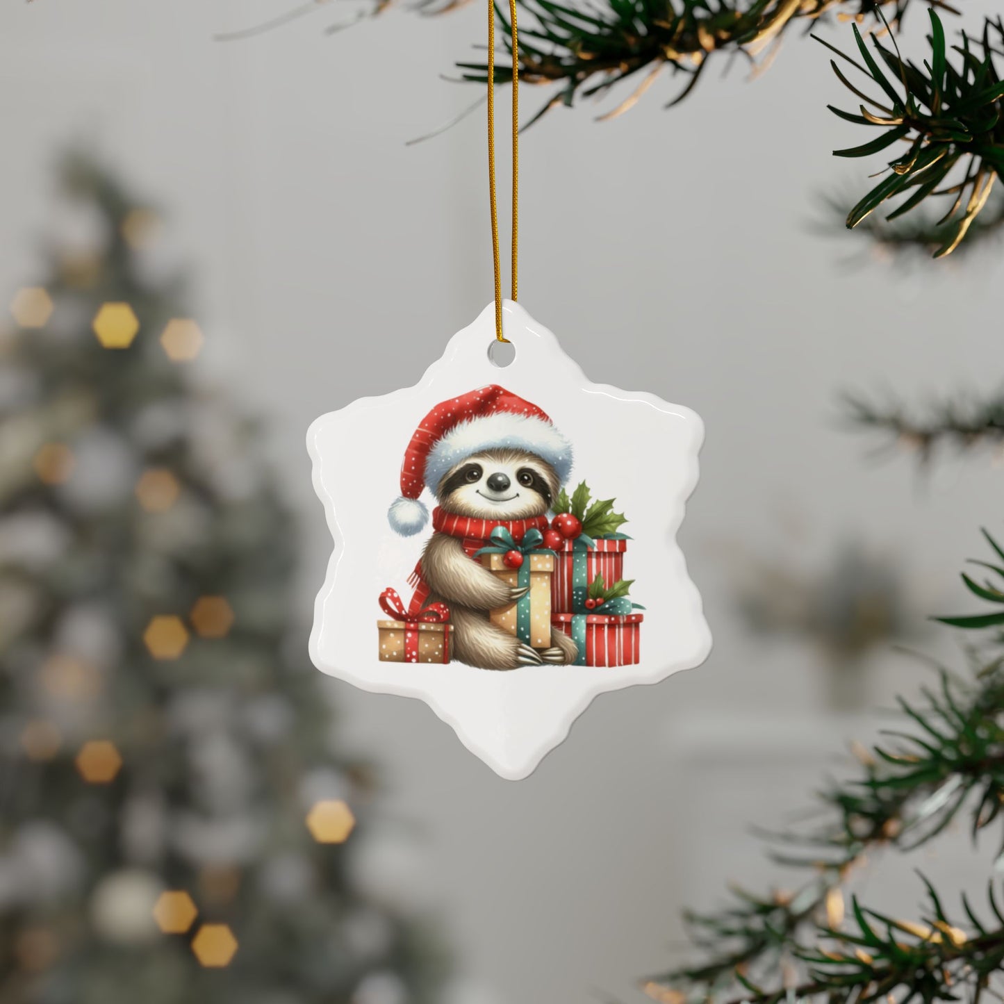 Festive Sloth with Holiday Presents - Unique Ceramic Ornaments (Choose Your Set)