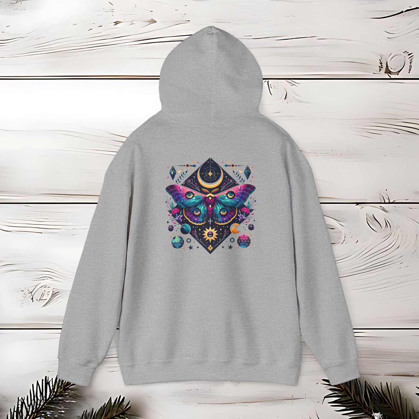 Boho Dreamy Luna Moth Hoodie, Nature Lover Gift, Cozy Pullover, Moth Print Jumper, Hippie Sweatshirt, Festival Clothing