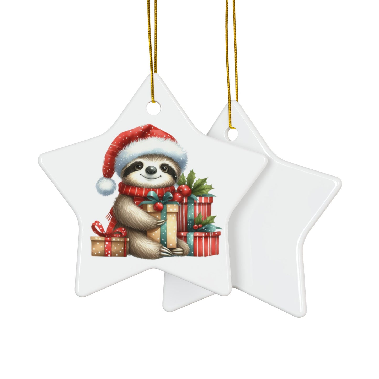 Festive Sloth with Holiday Presents - Unique Ceramic Ornaments (Choose Your Set)