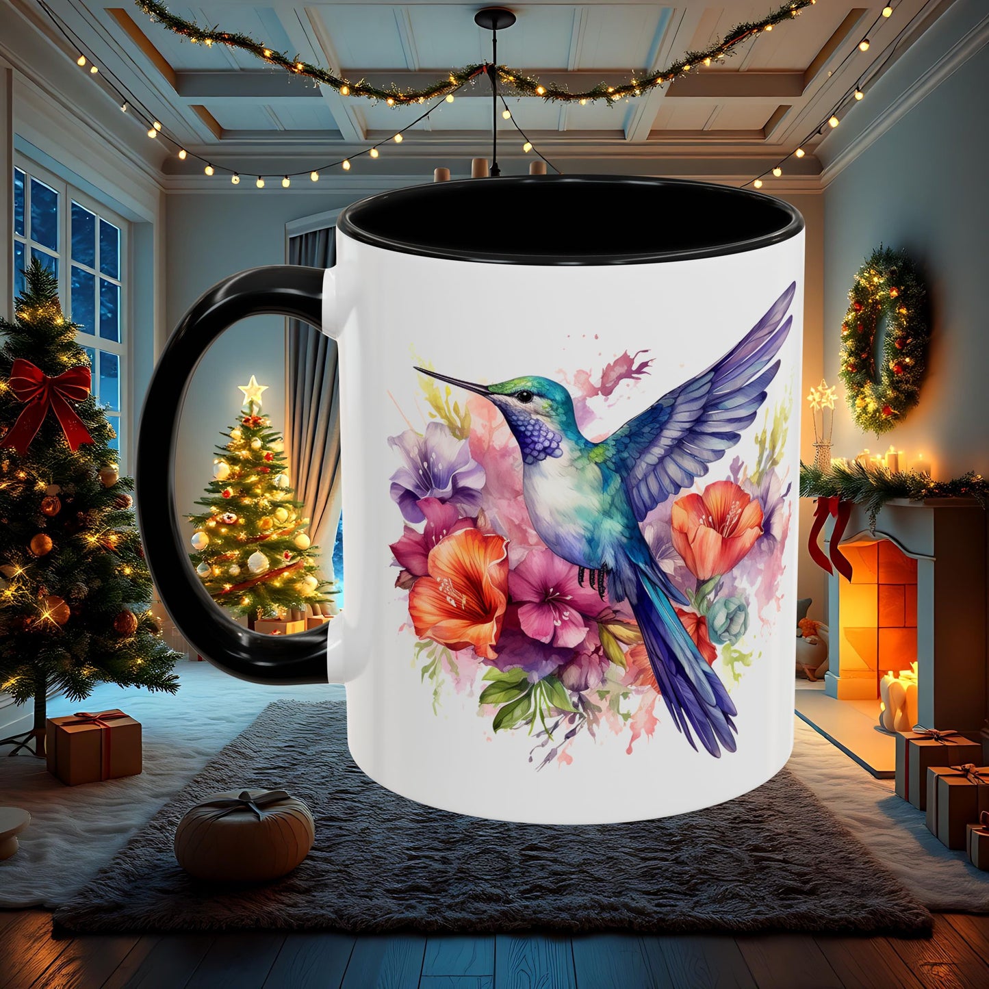 Watercolor Humming Bird Mug, Floral Bird Coffee Cup, Nature Lover Gift, Birdwatcher Mug, Unique Hand Painted Mug, 11oz 15oz Mug