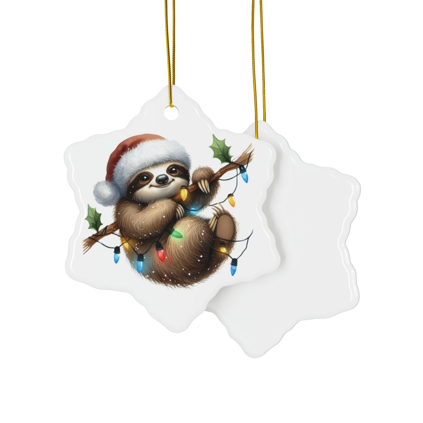 Festive Sloth Hanging with Christmas Lights - Unique Ceramic Ornaments (Choose Your Set)