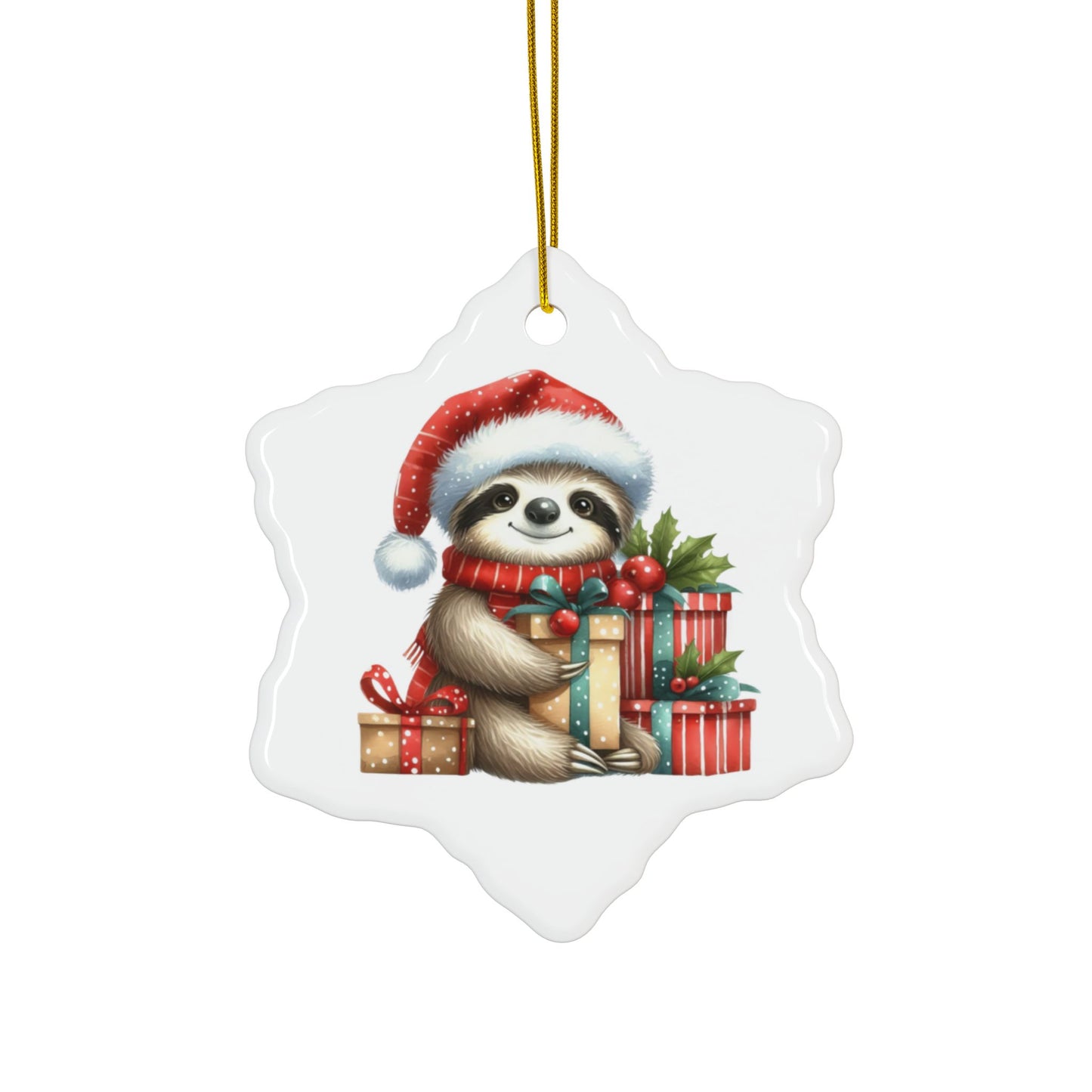 Festive Sloth with Holiday Presents - Unique Ceramic Ornaments (Choose Your Set)