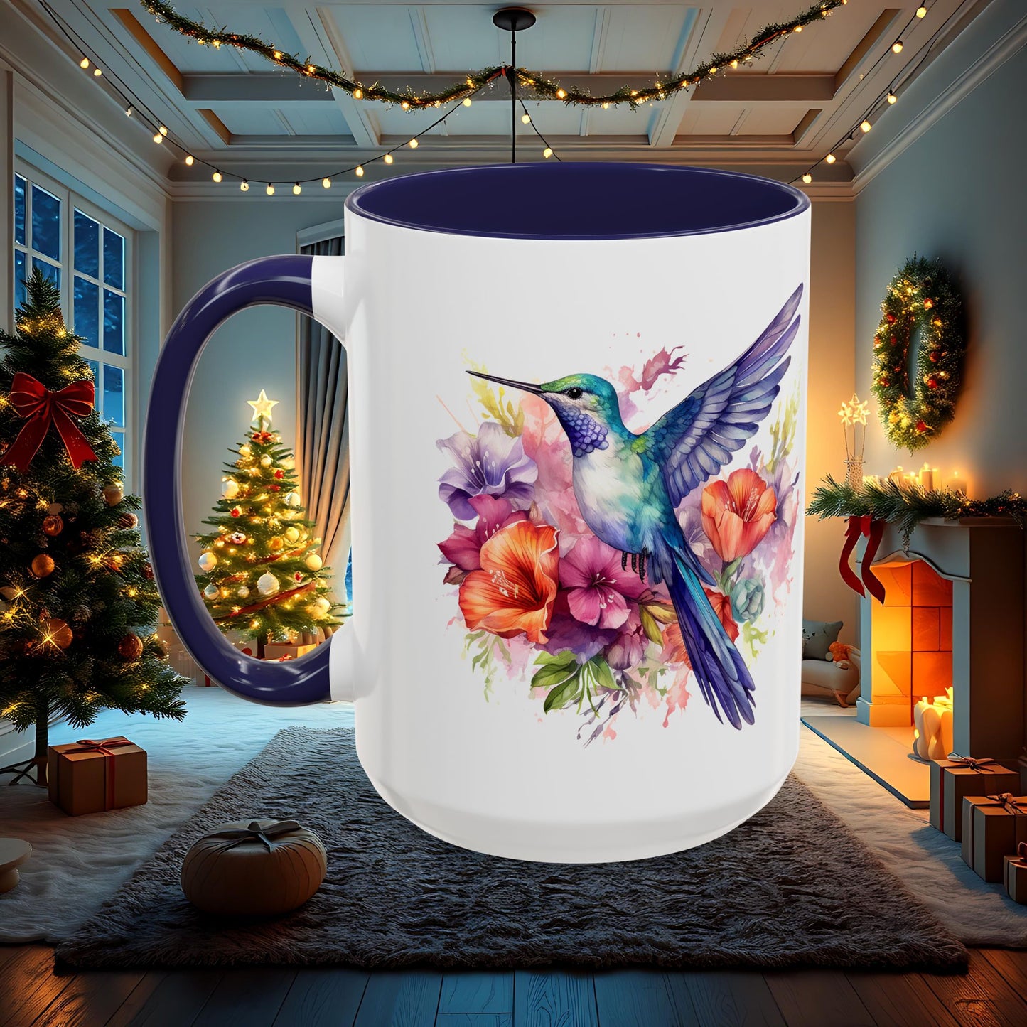 Watercolor Humming Bird Mug, Floral Bird Coffee Cup, Nature Lover Gift, Birdwatcher Mug, Unique Hand Painted Mug, 11oz 15oz Mug