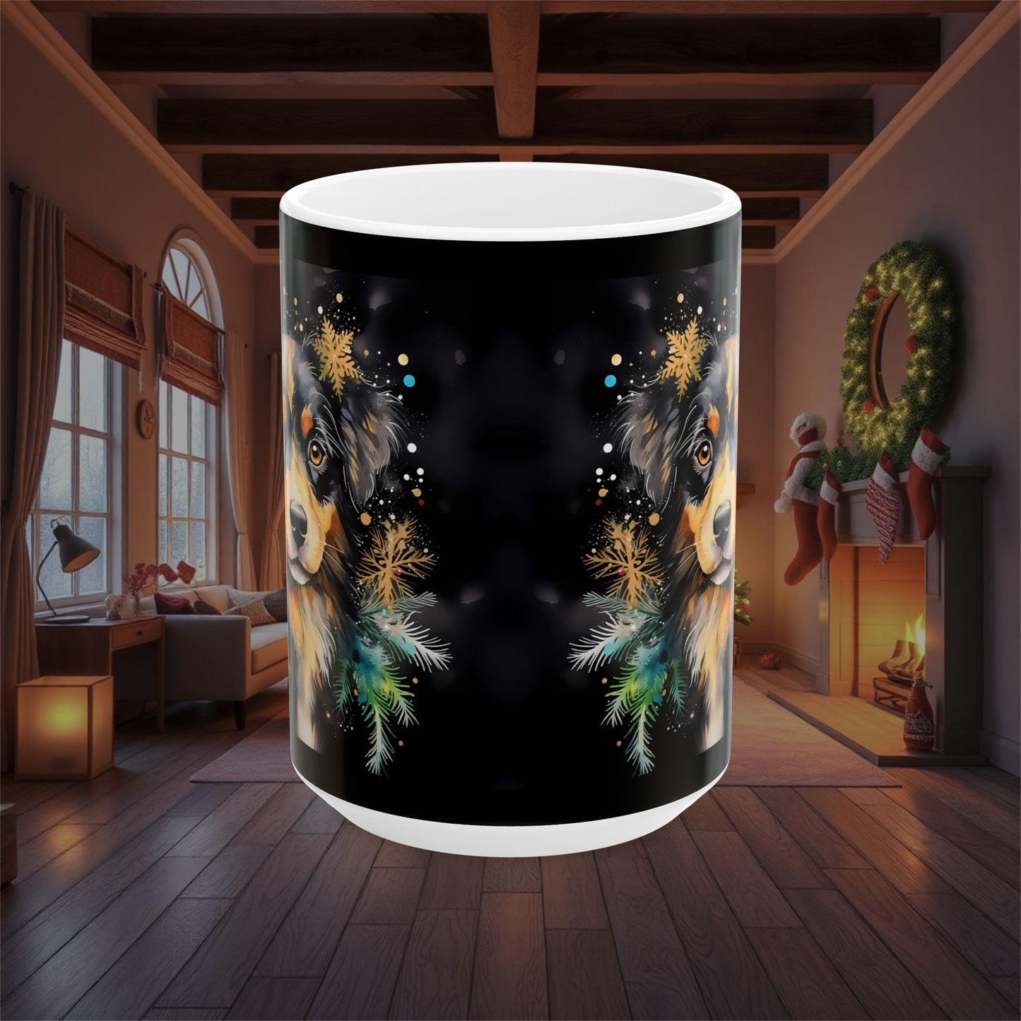 Christmas Holiday Dog Ceramic Mug, (11oz, 15oz), Festive Christmas Coffee Cup, Holiday Decor Gift, Pet Lover Stocking Stuffer, Seasonal