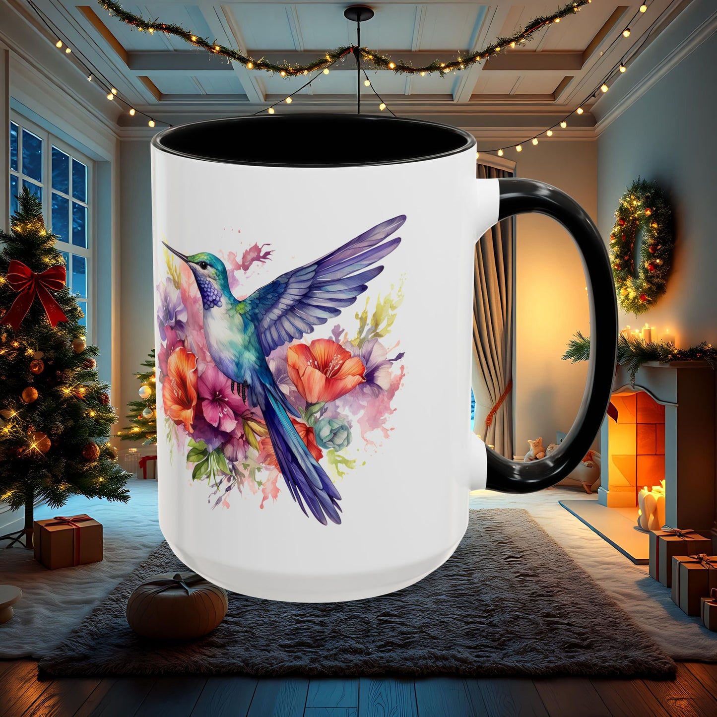 Watercolor Humming Bird Mug, Floral Bird Coffee Cup, Nature Lover Gift, Birdwatcher Mug, Unique Hand Painted Mug, 11oz 15oz Mug