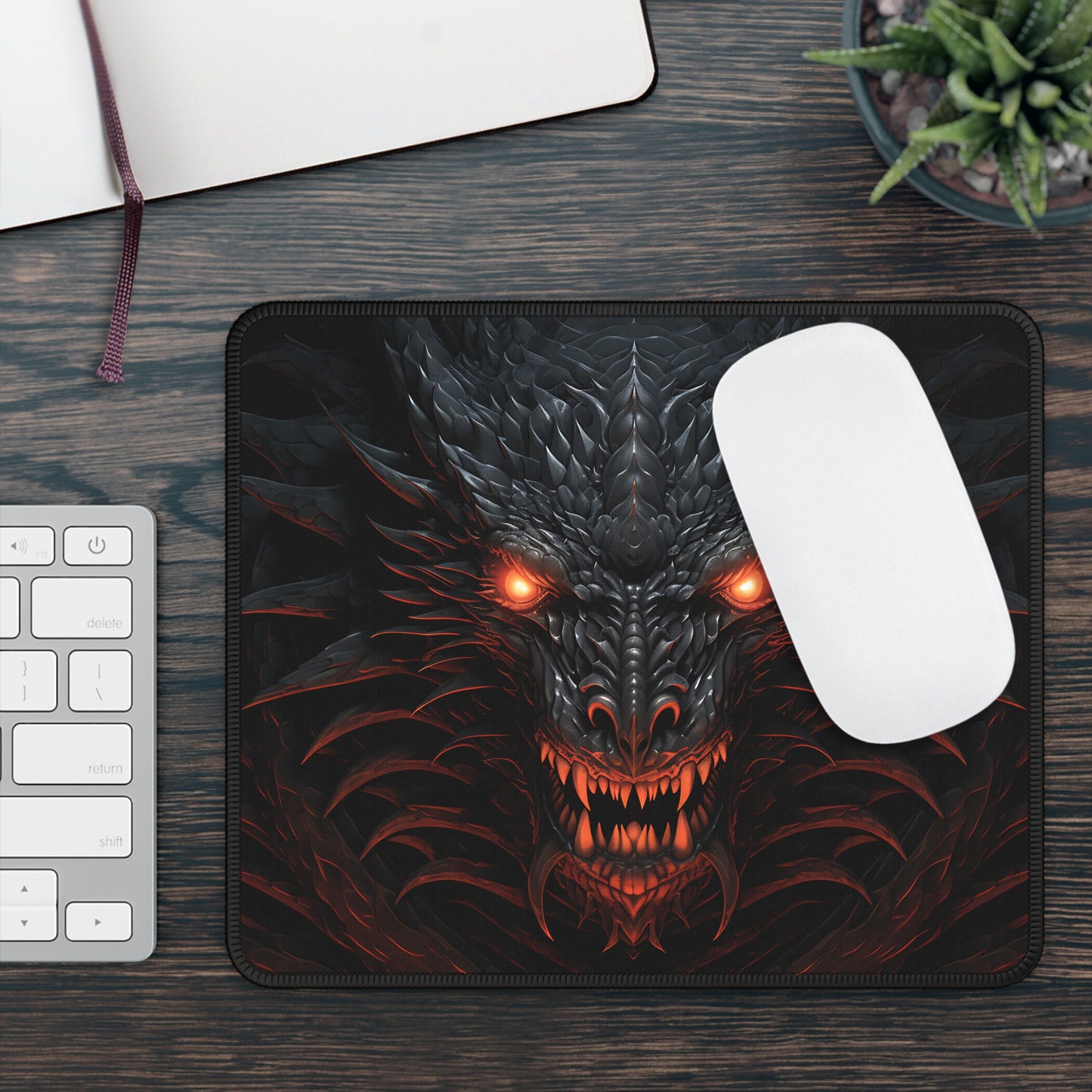 Gothic Dragon Head Red Eyes Gaming Mouse Pad, Black Scales Desk Mat for Gamers, Red Glow Mousepad, Fantasy Office Decor, Cool Geek Gift