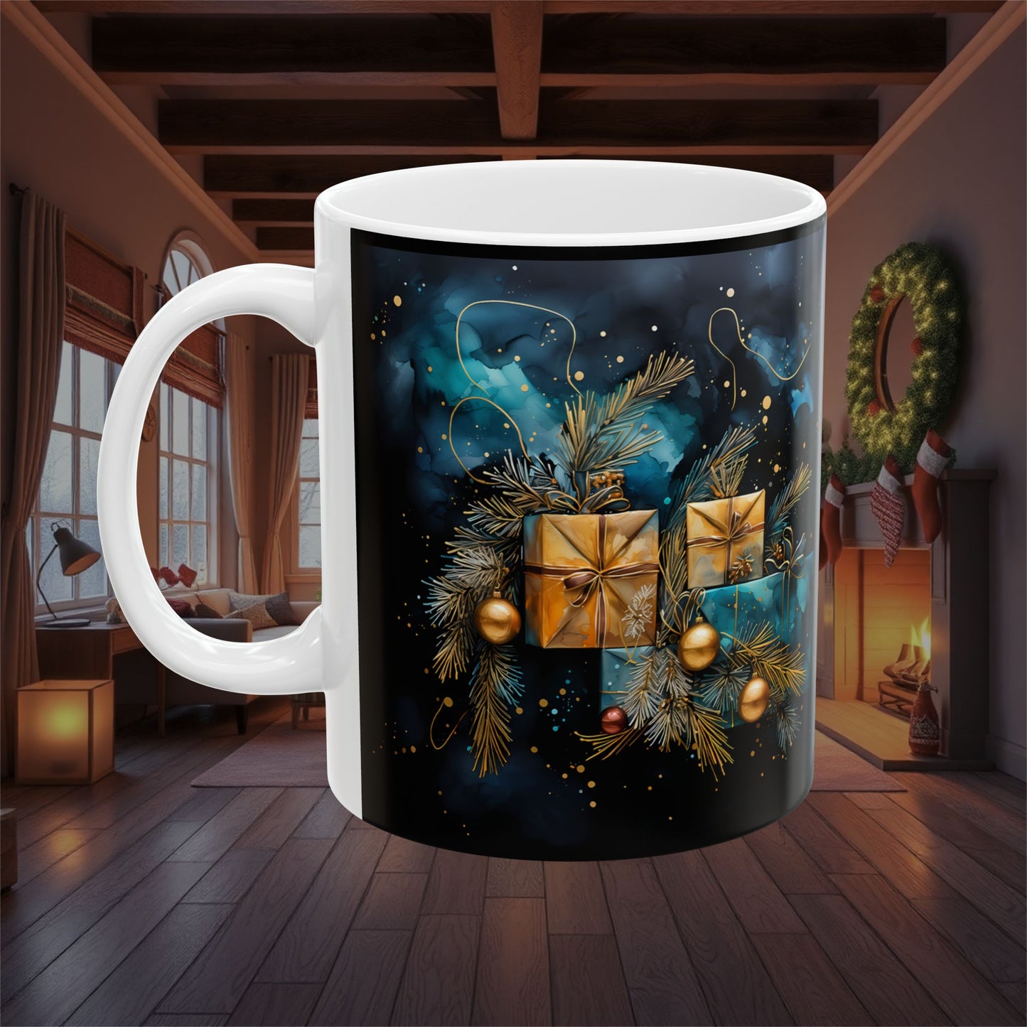 Christmas Holiday Presents Ceramic Mug, Festive Coffee Cup Gift, Seasonal Tea Mug, Xmas Hot Cocoa Mug, Santa Claus Cup