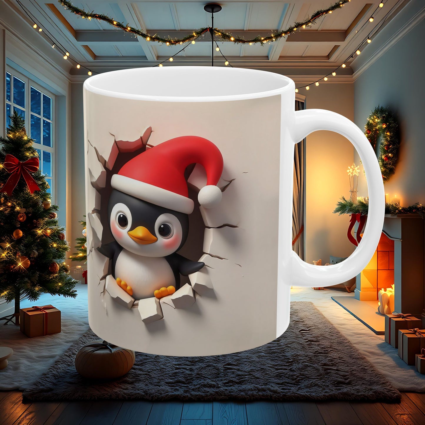Penguin Wall Break Ceramic Mug, 3D Double Sided Christmas Coffee Cup - Cute Animal Tea Cup, Holiday Gift for Penguin Lovers, Novelty Kitchen
