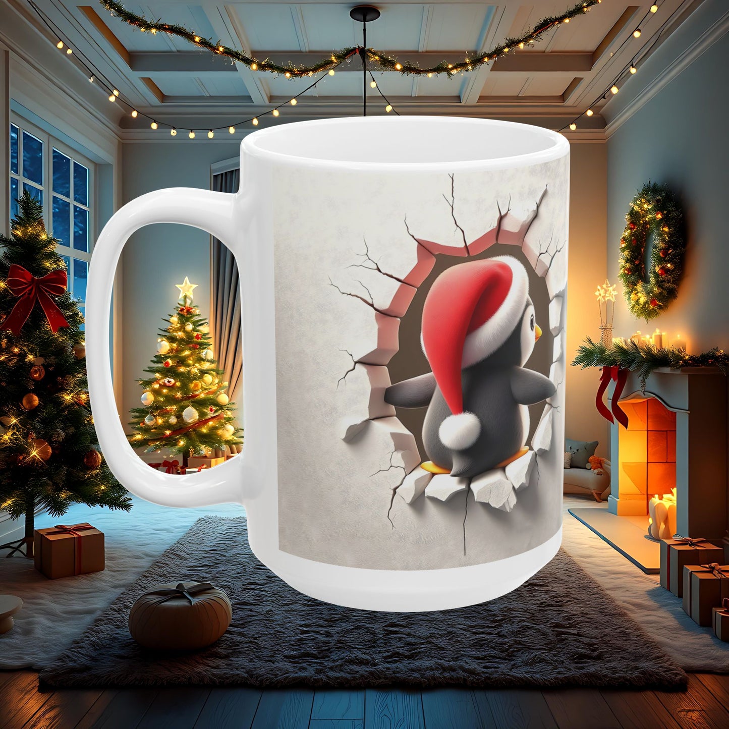 Penguin Wall Break Ceramic Mug, 3D Double Sided Christmas Coffee Cup - Cute Animal Tea Cup, Holiday Gift for Penguin Lovers, Novelty Kitchen