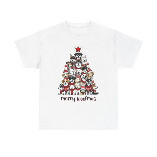 Merry Woofmas Christmas Tree Tee, Heavy Cotton Graphic Shirt for Dog Lovers, Fun Holiday Gift for Pet Owners!