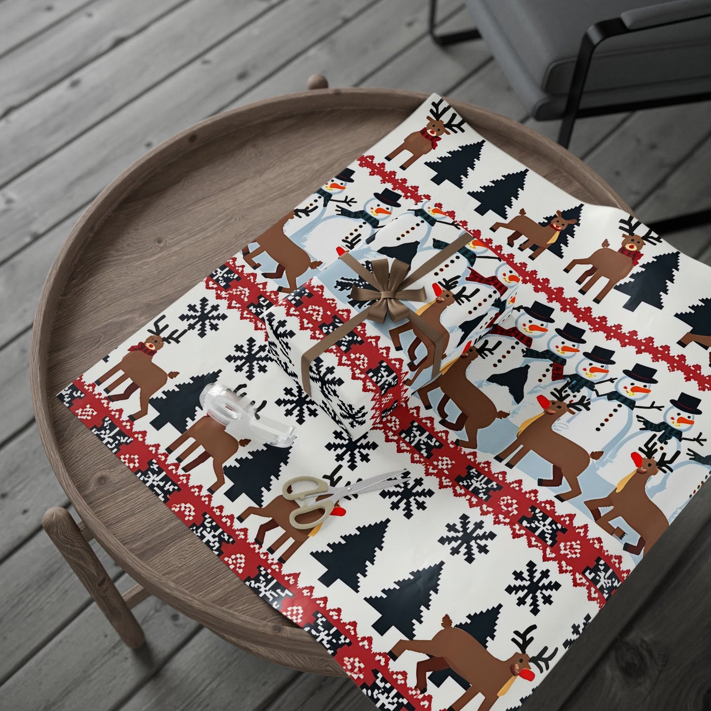 Holiday Wrapping Paper, Festive Pixel Art with Reindeer, Snowmen & Trees, Perfect for Christmas Gift Wrap